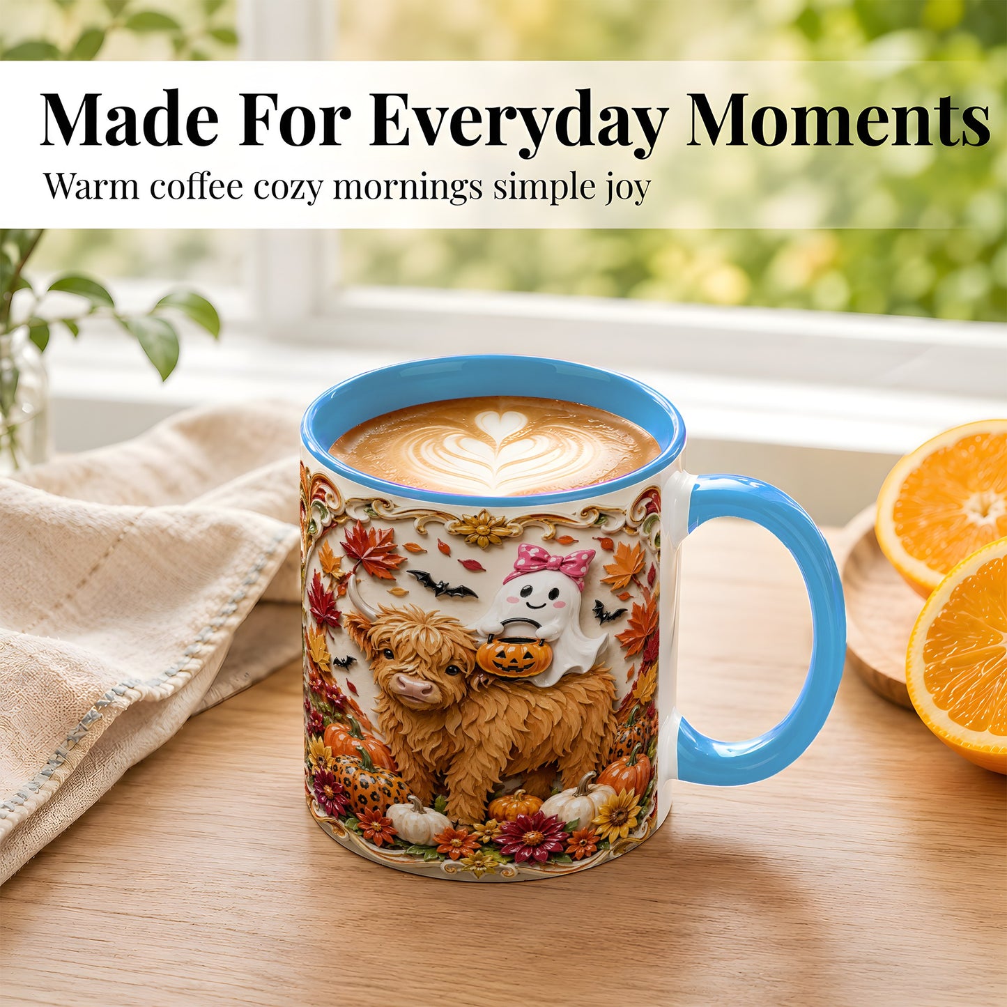 #pl[11oz|Blue] Highland Cow Ghost Coffee Mug, Autumn Pumpkin Mug, Ceramic Cup