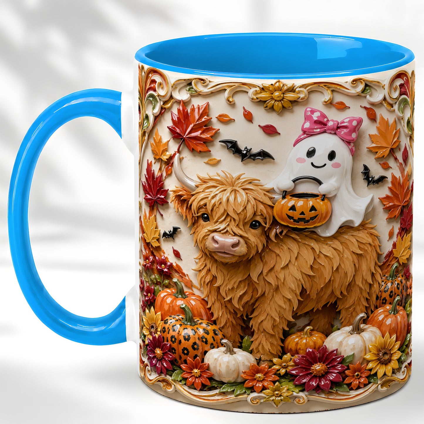 #pl[11oz|Blue] Highland Cow Ghost Coffee Mug, Autumn Pumpkin Mug, Ceramic Cup