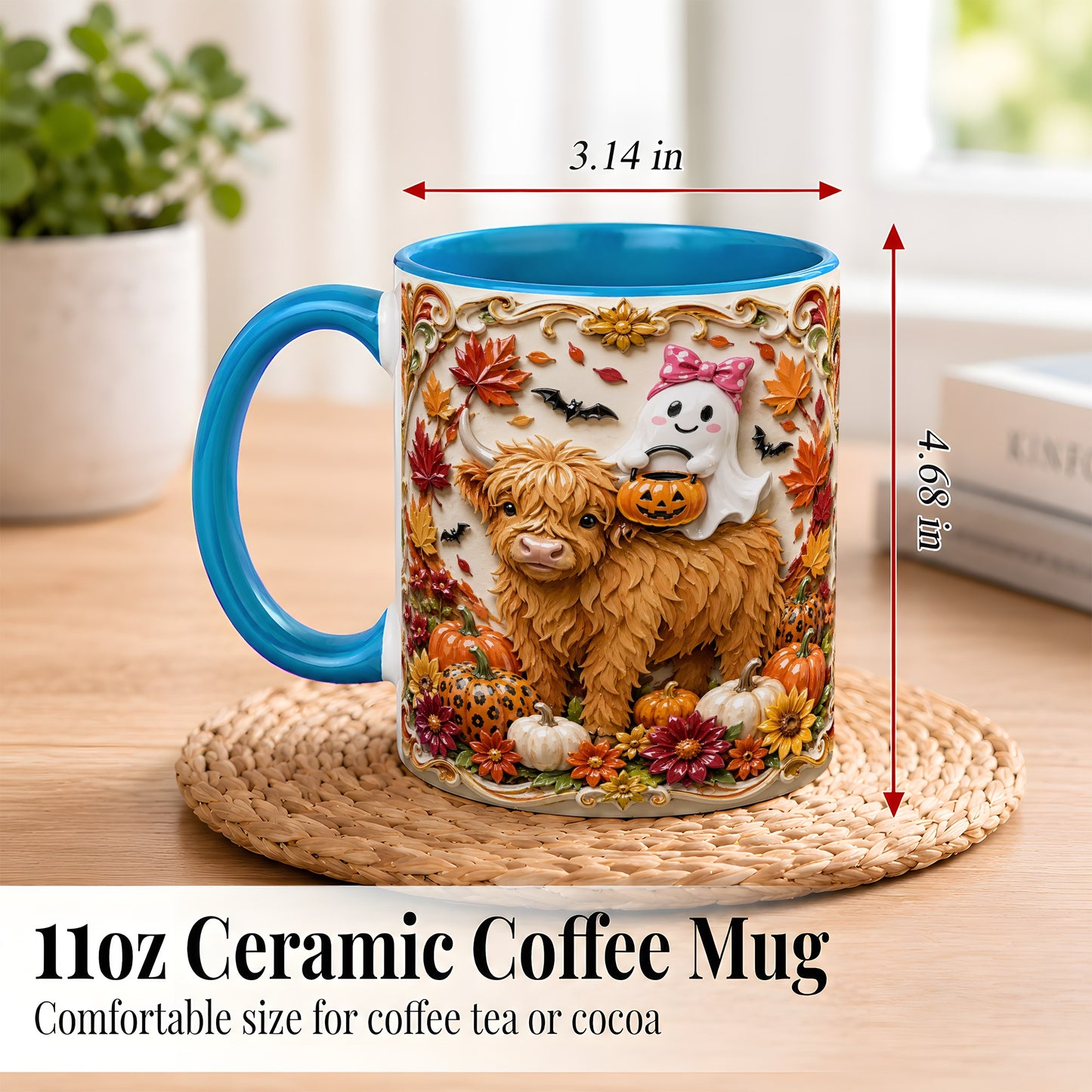 #pl[11oz|Blue] Highland Cow Ghost Coffee Mug, Autumn Pumpkin Mug, Ceramic Cup