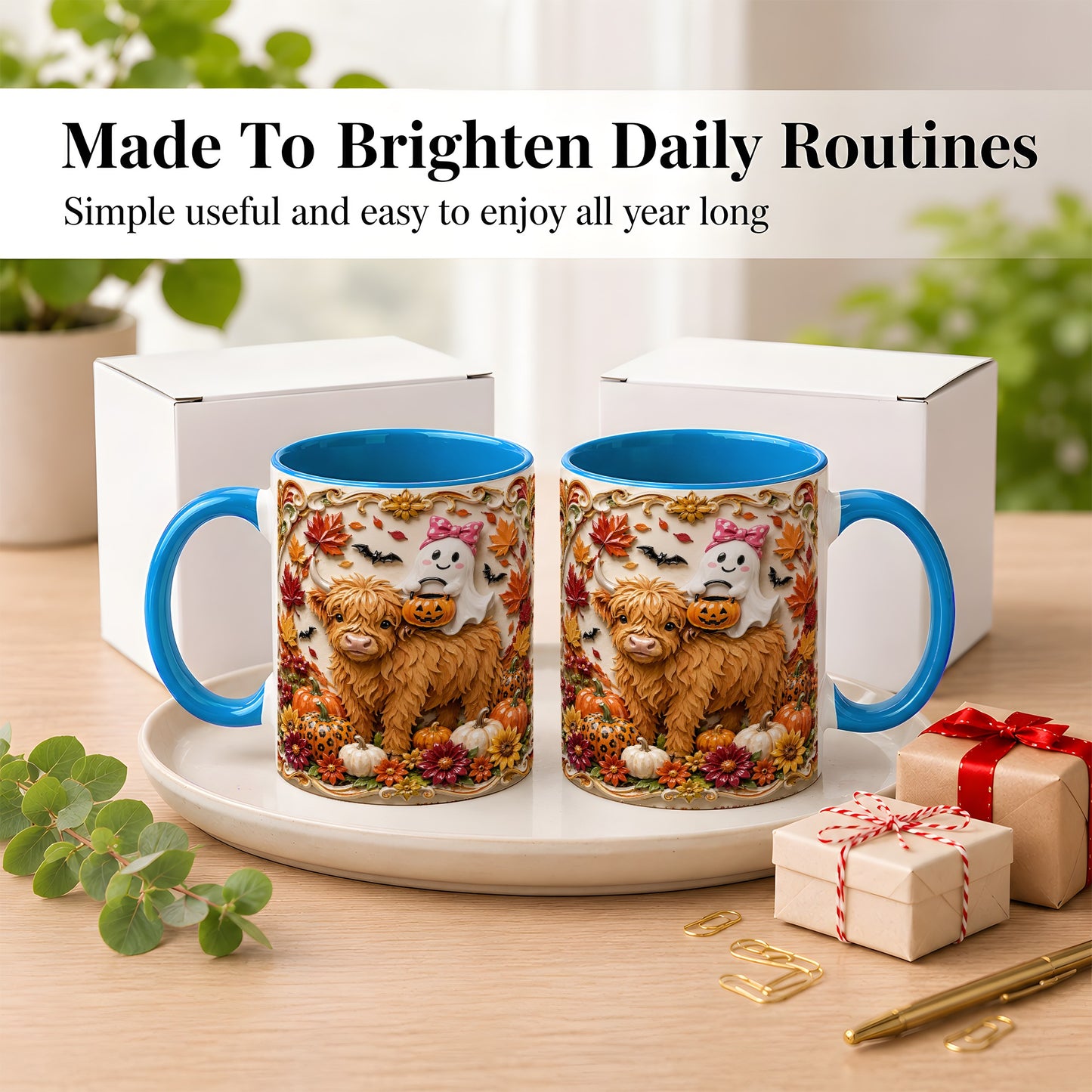 #pl[11oz|Blue] Highland Cow Ghost Coffee Mug, Autumn Pumpkin Mug, Ceramic Cup