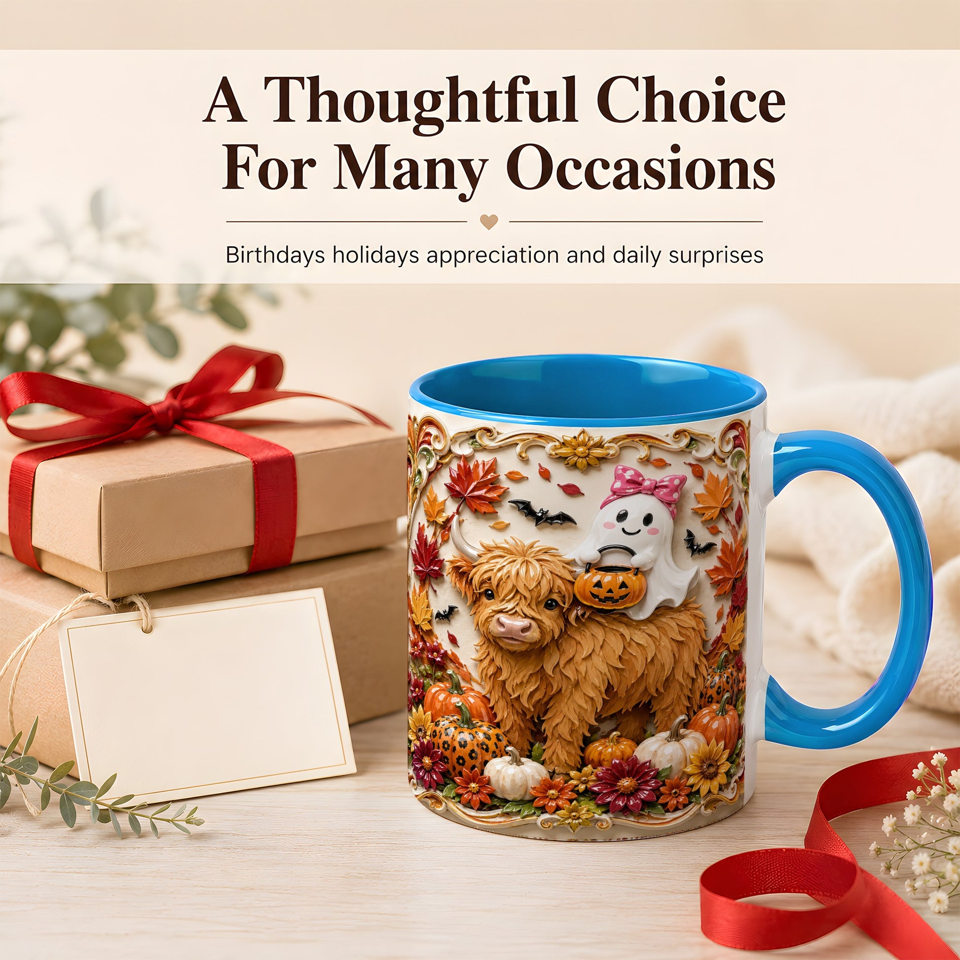 #pl[11oz|Blue] Highland Cow Ghost Coffee Mug, Autumn Pumpkin Mug, Ceramic Cup