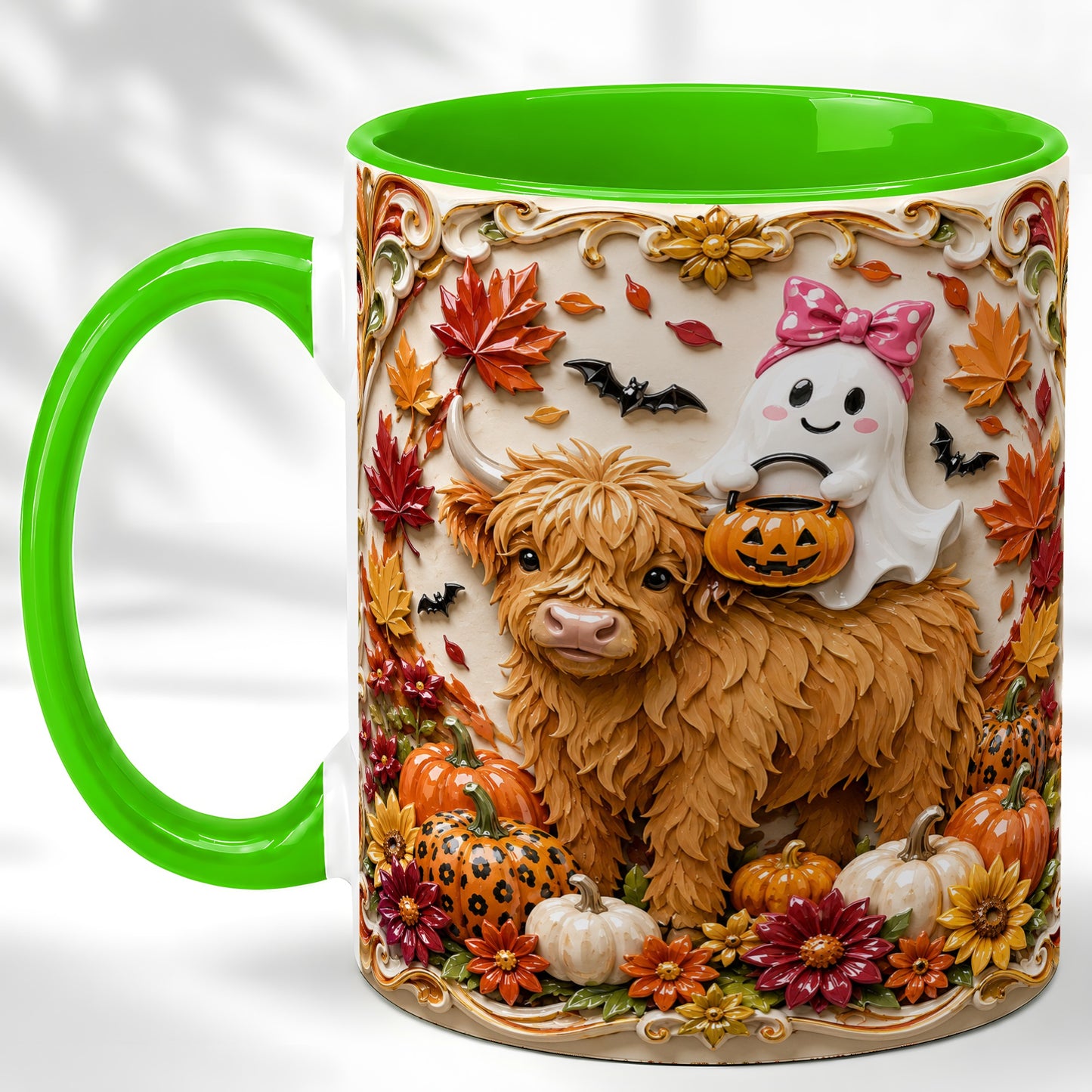 #pl[11oz|Green] Highland Cow Ghost Coffee Mug, Autumn Pumpkin Mug, Ceramic Cup