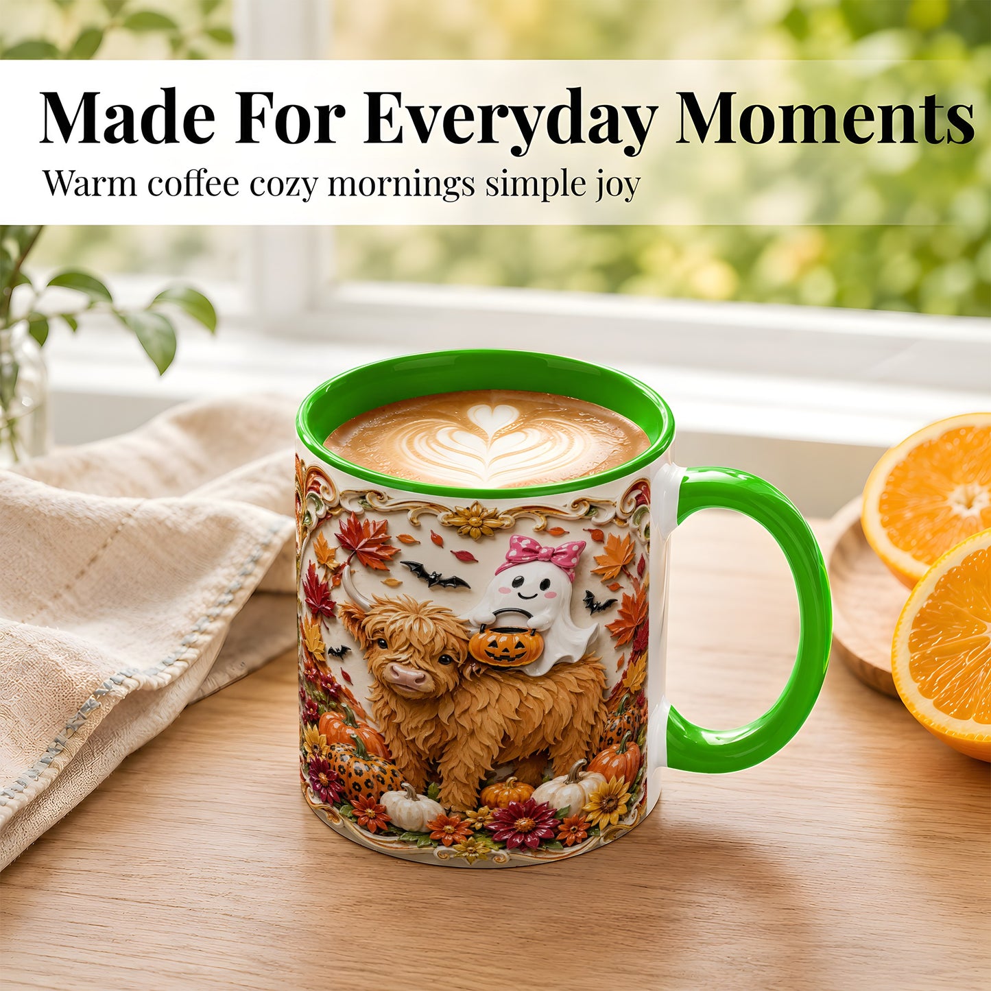 #pl[11oz|Green] Highland Cow Ghost Coffee Mug, Autumn Pumpkin Mug, Ceramic Cup