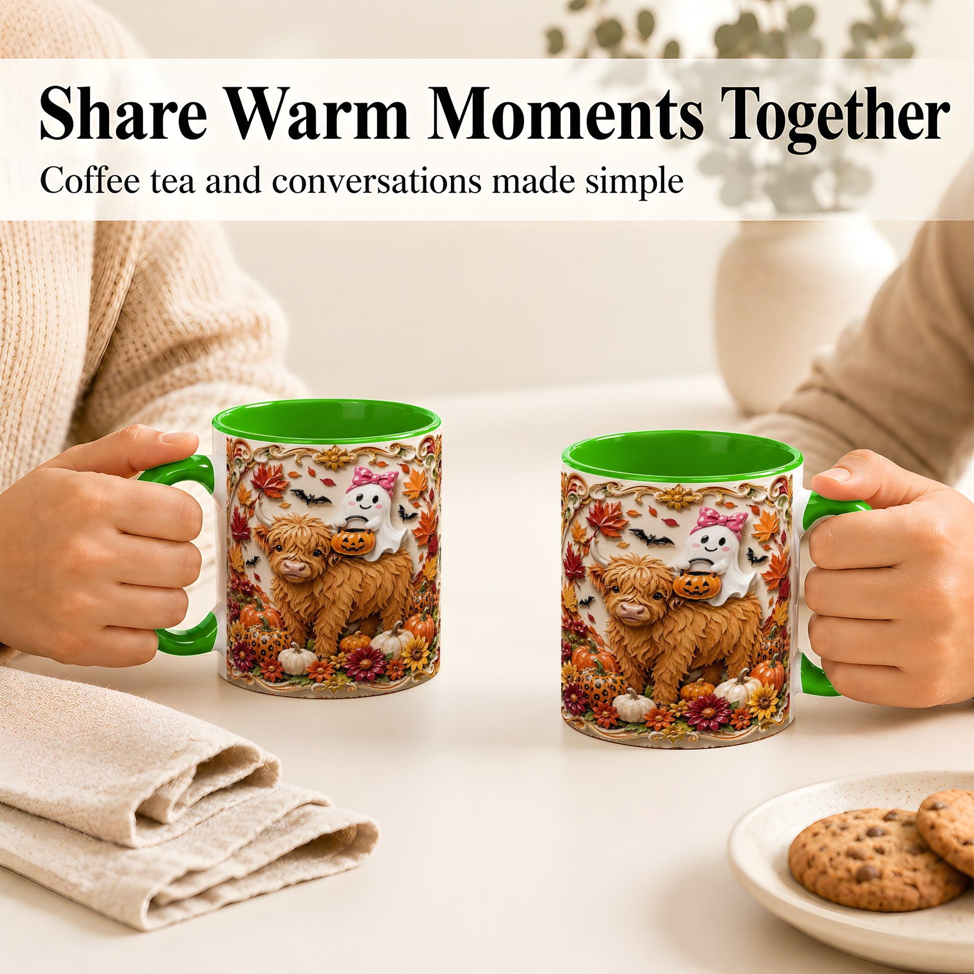 #pl[11oz|Green] Highland Cow Ghost Coffee Mug, Autumn Pumpkin Mug, Ceramic Cup