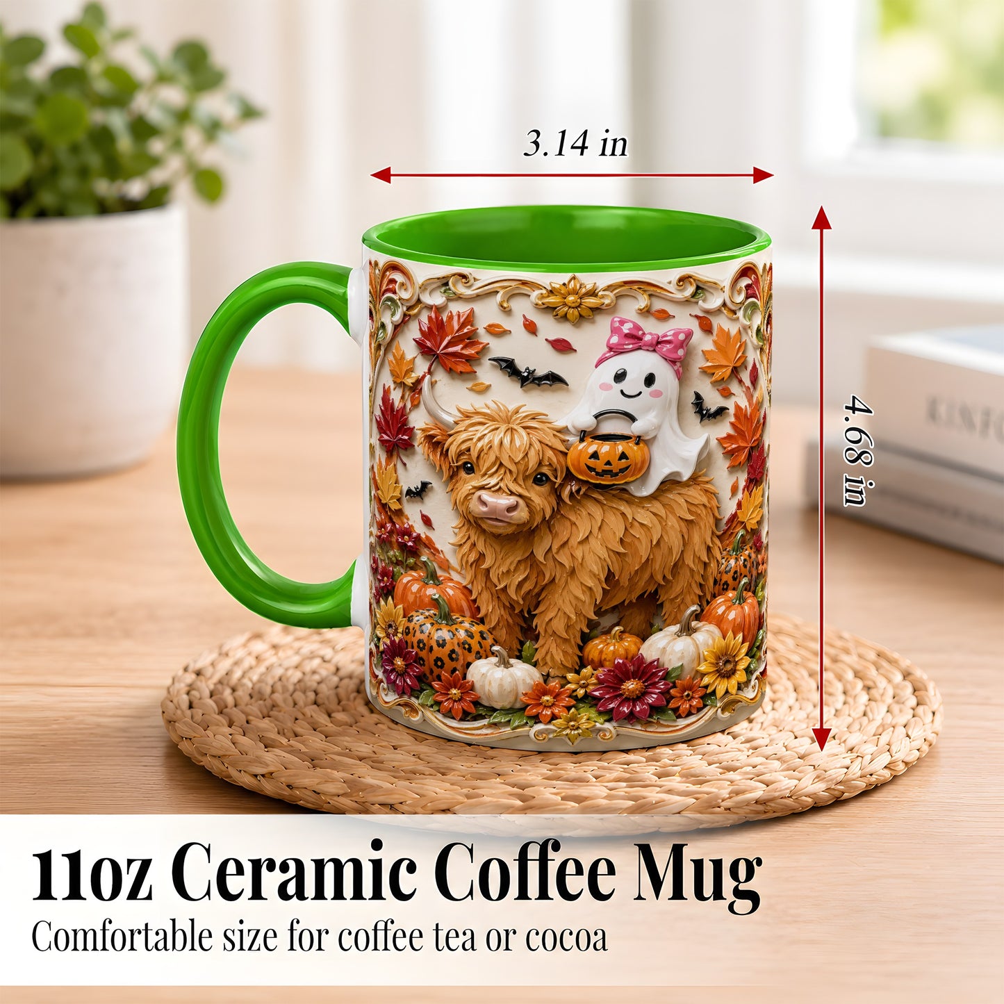 #pl[11oz|Green] Highland Cow Ghost Coffee Mug, Autumn Pumpkin Mug, Ceramic Cup