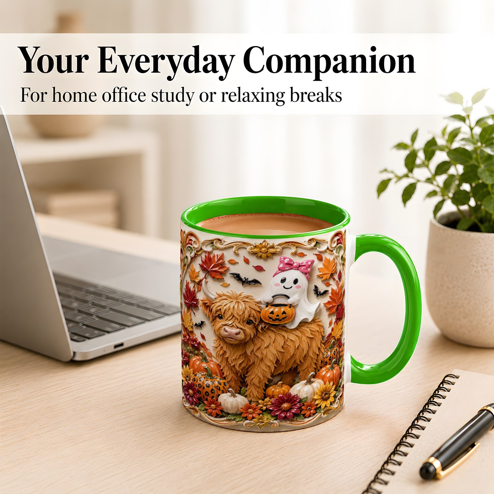 #pl[11oz|Green] Highland Cow Ghost Coffee Mug, Autumn Pumpkin Mug, Ceramic Cup