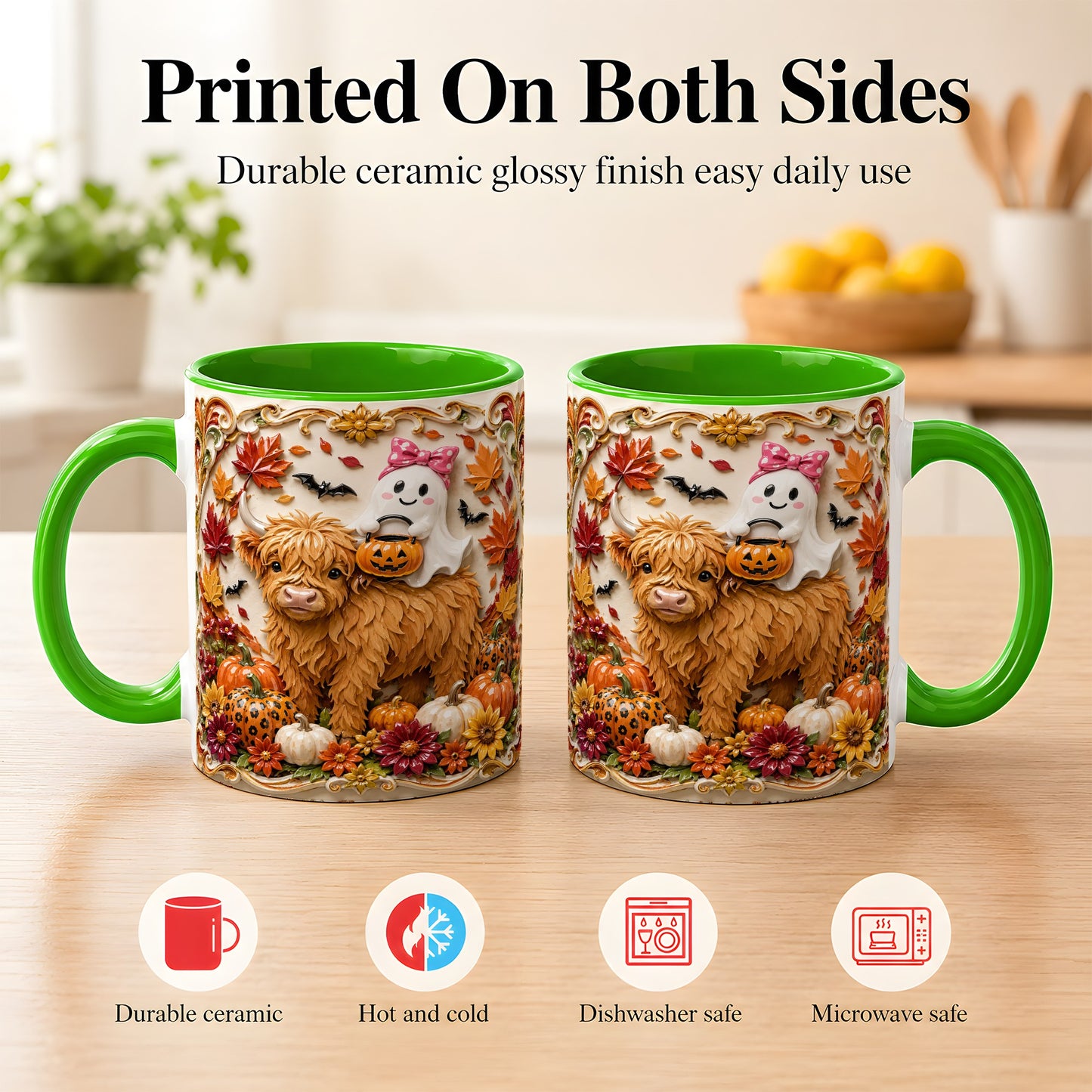 #pl[11oz|Green] Highland Cow Ghost Coffee Mug, Autumn Pumpkin Mug, Ceramic Cup