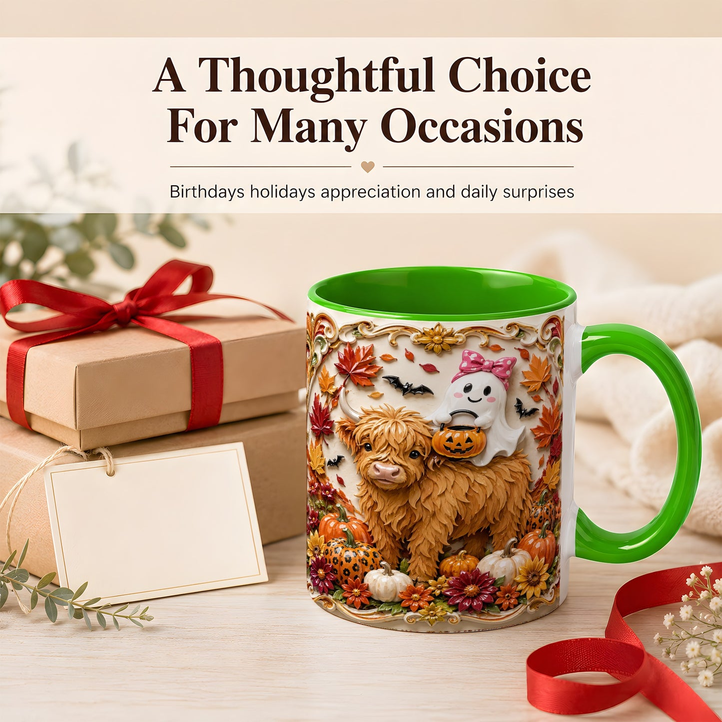 #pl[11oz|Green] Highland Cow Ghost Coffee Mug, Autumn Pumpkin Mug, Ceramic Cup