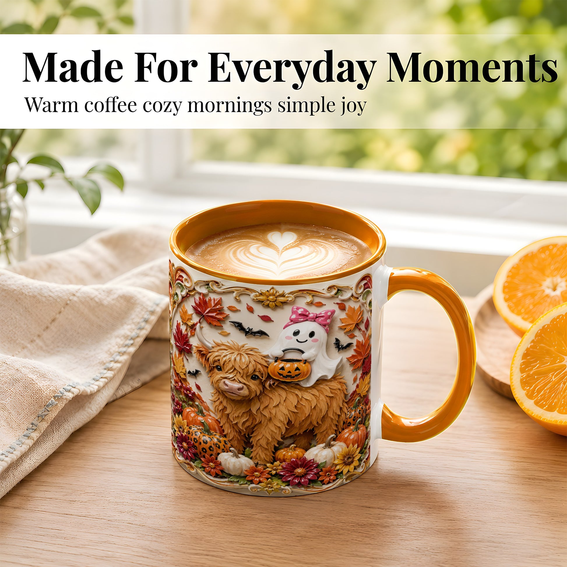 #pl[11oz|Orange] Highland Cow Ghost Coffee Mug, Autumn Pumpkin Mug, Ceramic Cup