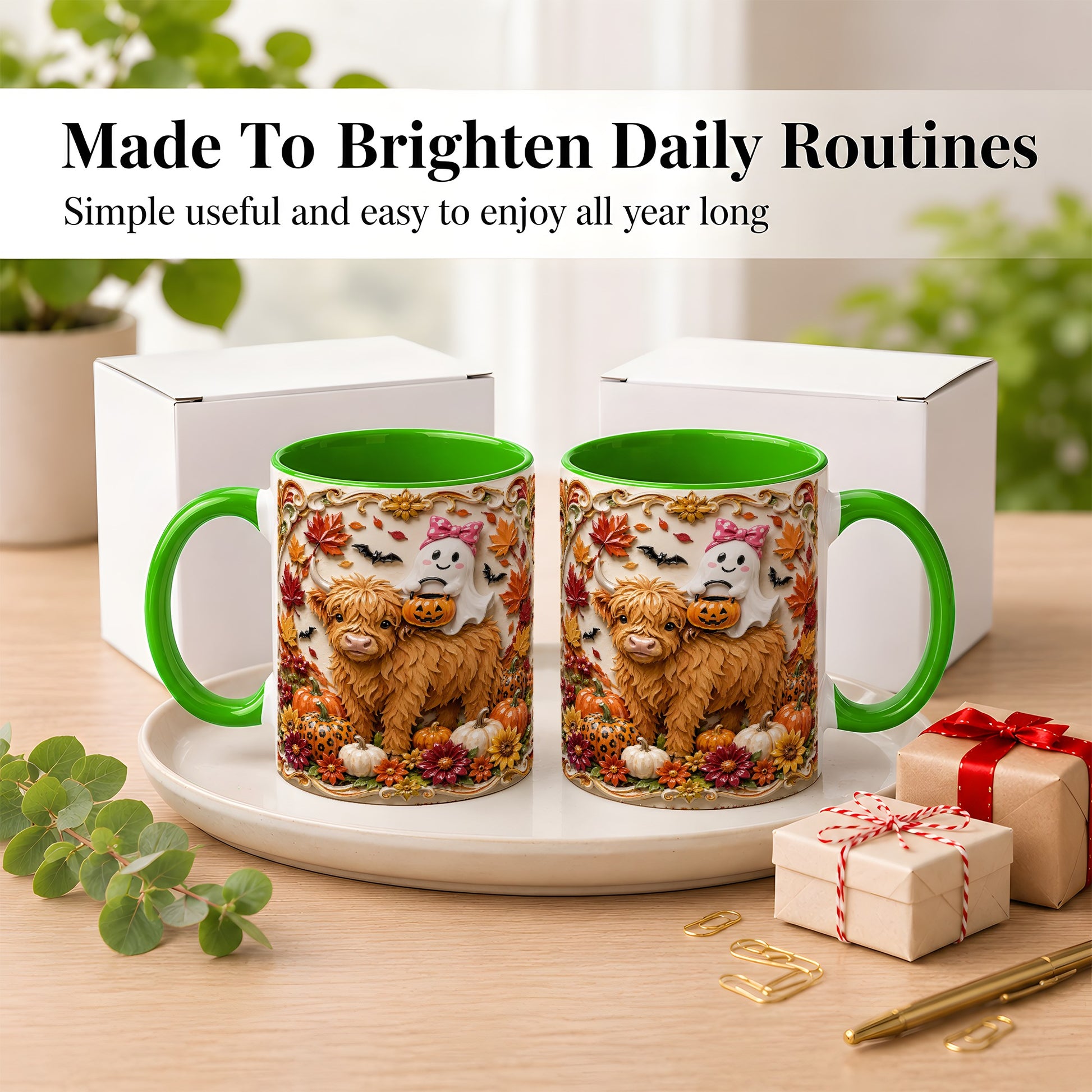 #pl[11oz|Green] Highland Cow Ghost Coffee Mug, Autumn Pumpkin Mug, Ceramic Cup