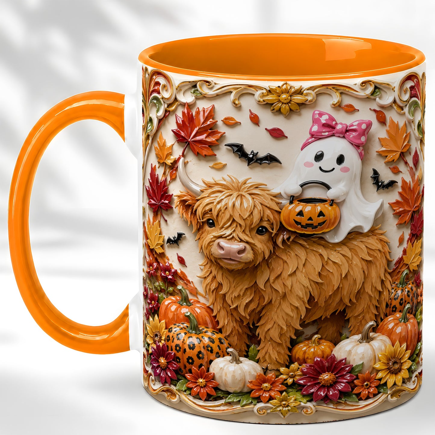 #pl[11oz|Orange] Highland Cow Ghost Coffee Mug, Autumn Pumpkin Mug, Ceramic Cup