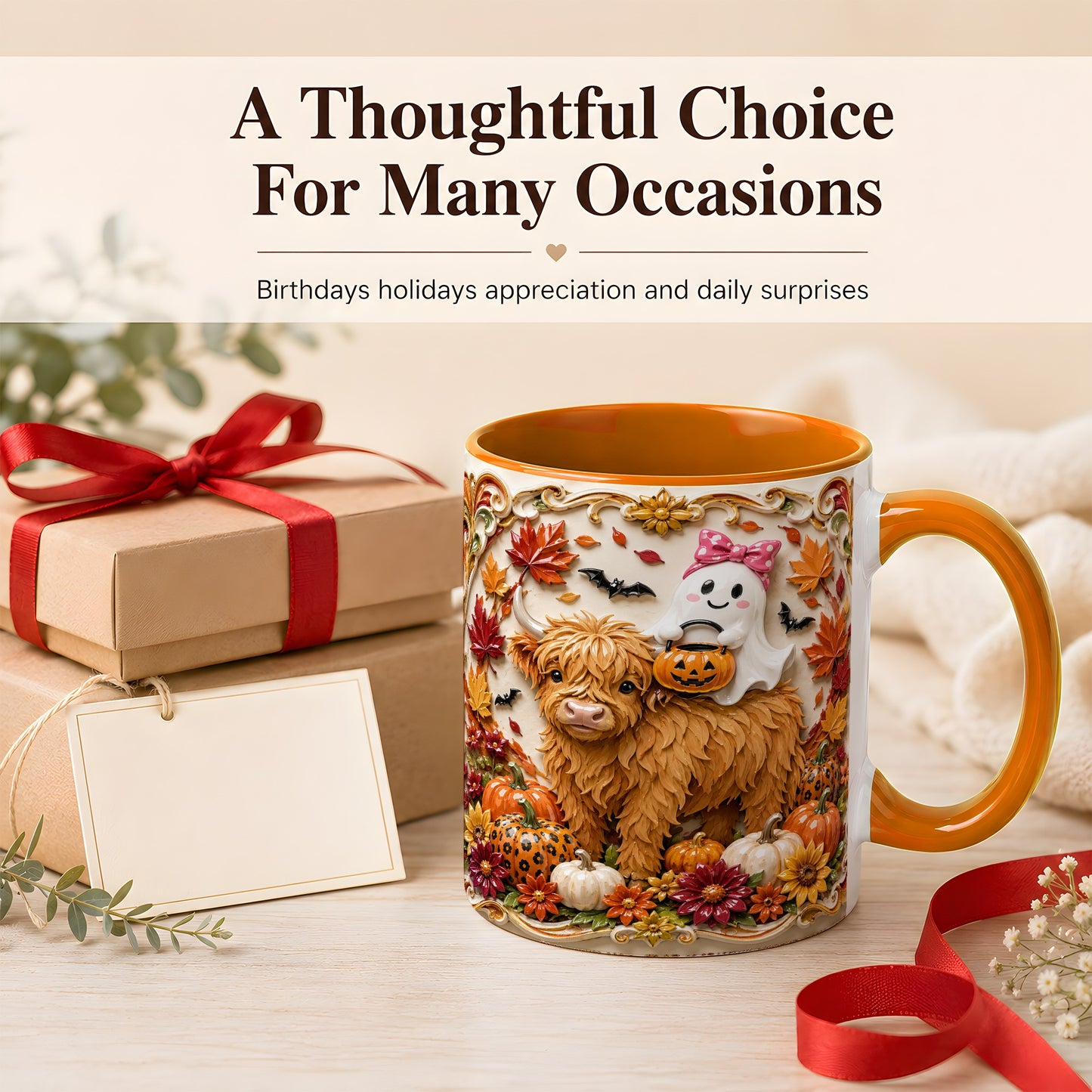 #pl[11oz|Orange] Highland Cow Ghost Coffee Mug, Autumn Pumpkin Mug, Ceramic Cup