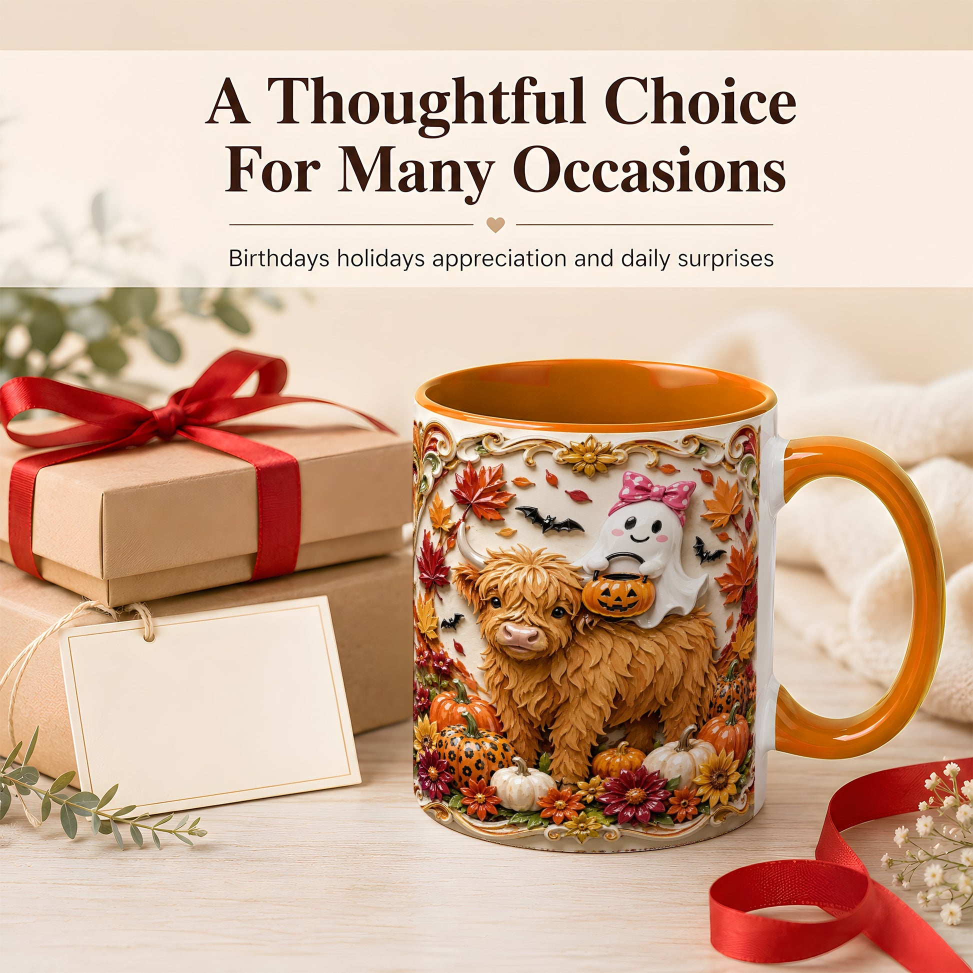 #pl[11oz|Orange] Highland Cow Ghost Coffee Mug, Autumn Pumpkin Mug, Ceramic Cup