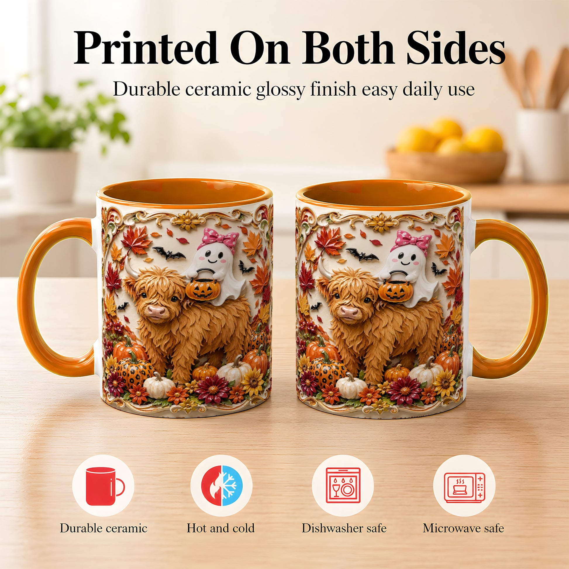 #pl[11oz|Orange] Highland Cow Ghost Coffee Mug, Autumn Pumpkin Mug, Ceramic Cup