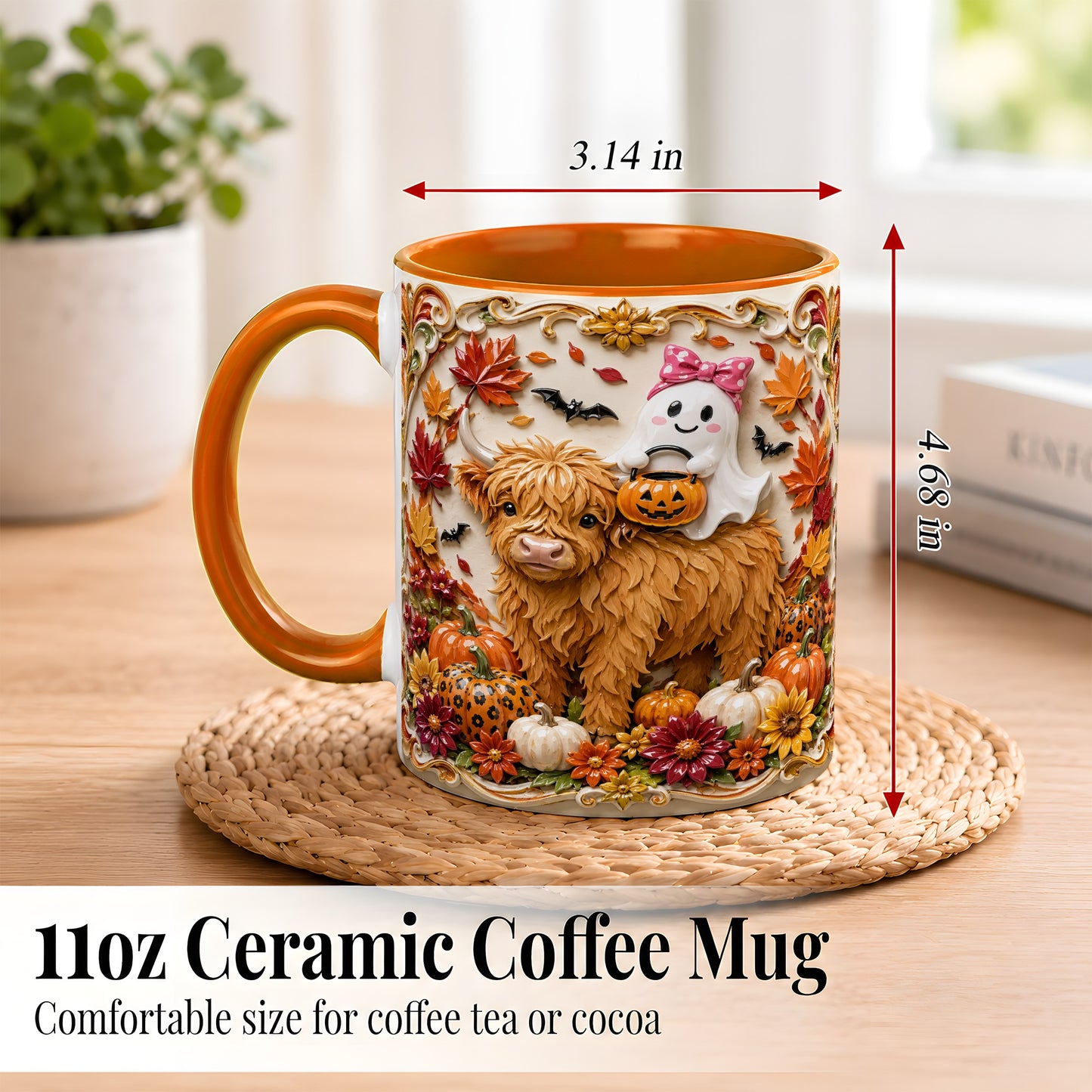 #pl[11oz|Orange] Highland Cow Ghost Coffee Mug, Autumn Pumpkin Mug, Ceramic Cup