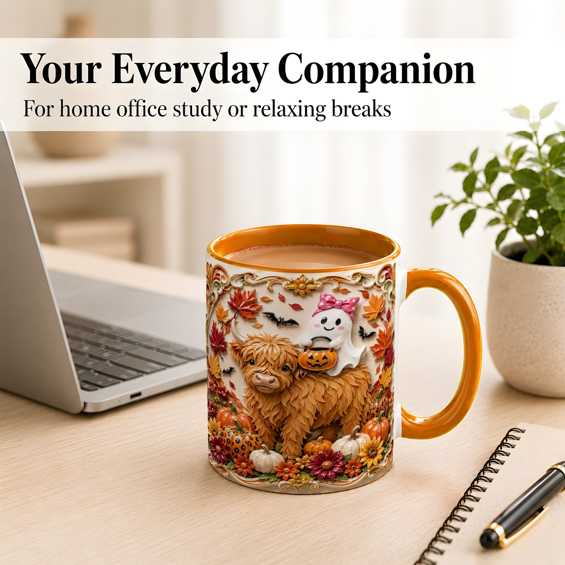 #pl[11oz|Orange] Highland Cow Ghost Coffee Mug, Autumn Pumpkin Mug, Ceramic Cup