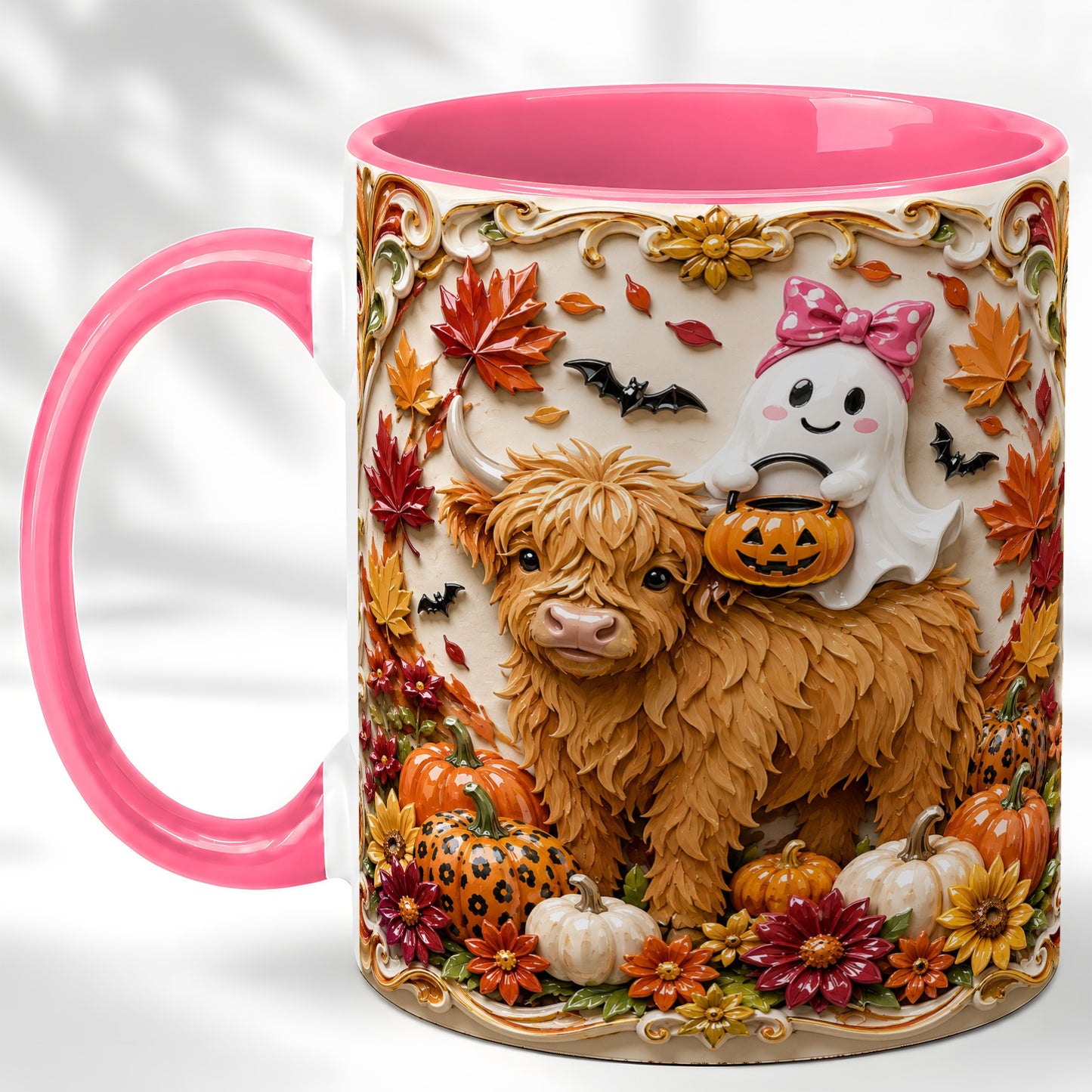 #pl[11oz|Pink] Highland Cow Ghost Coffee Mug, Autumn Pumpkin Mug, Ceramic Cup