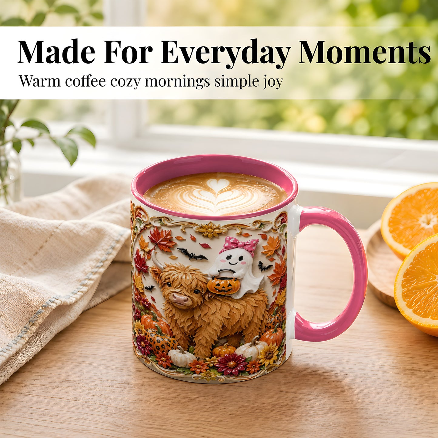 #pl[11oz|Pink] Highland Cow Ghost Coffee Mug, Autumn Pumpkin Mug, Ceramic Cup