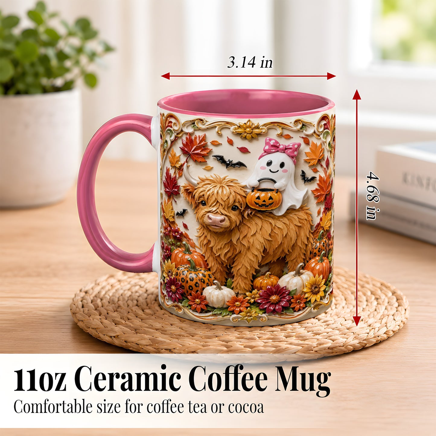 #pl[11oz|Pink] Highland Cow Ghost Coffee Mug, Autumn Pumpkin Mug, Ceramic Cup