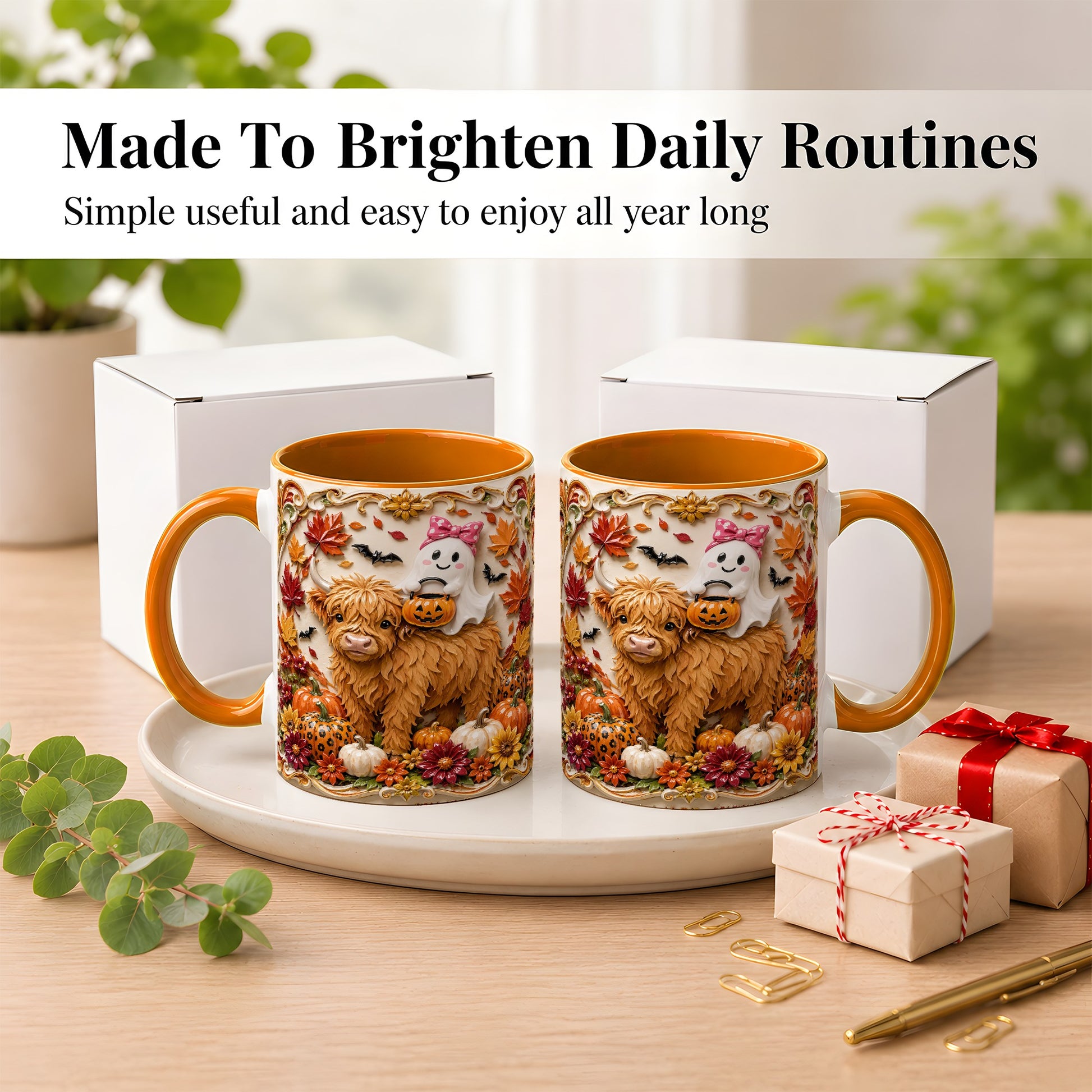 #pl[11oz|Orange] Highland Cow Ghost Coffee Mug, Autumn Pumpkin Mug, Ceramic Cup