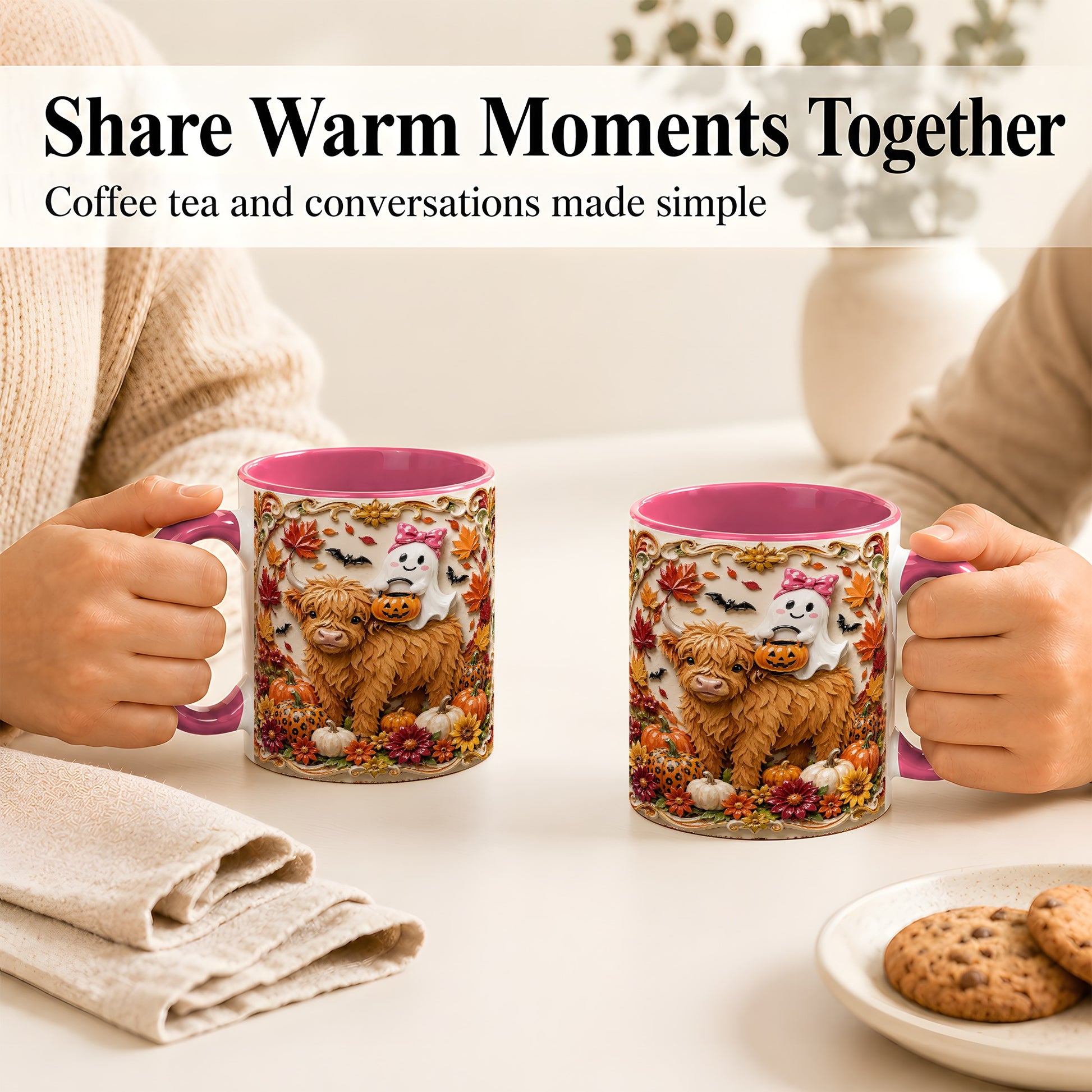 #pl[11oz|Pink] Highland Cow Ghost Coffee Mug, Autumn Pumpkin Mug, Ceramic Cup