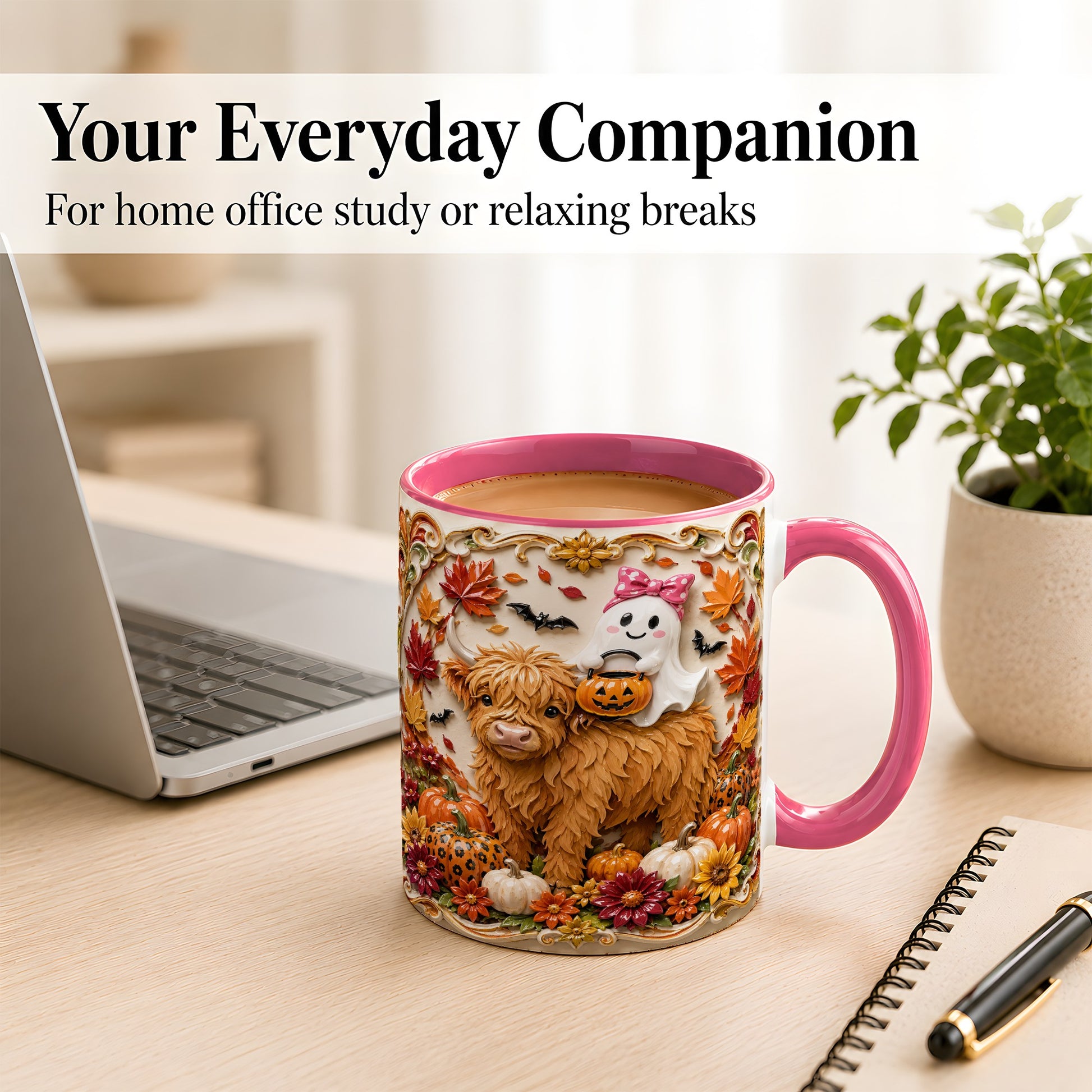 #pl[11oz|Pink] Highland Cow Ghost Coffee Mug, Autumn Pumpkin Mug, Ceramic Cup