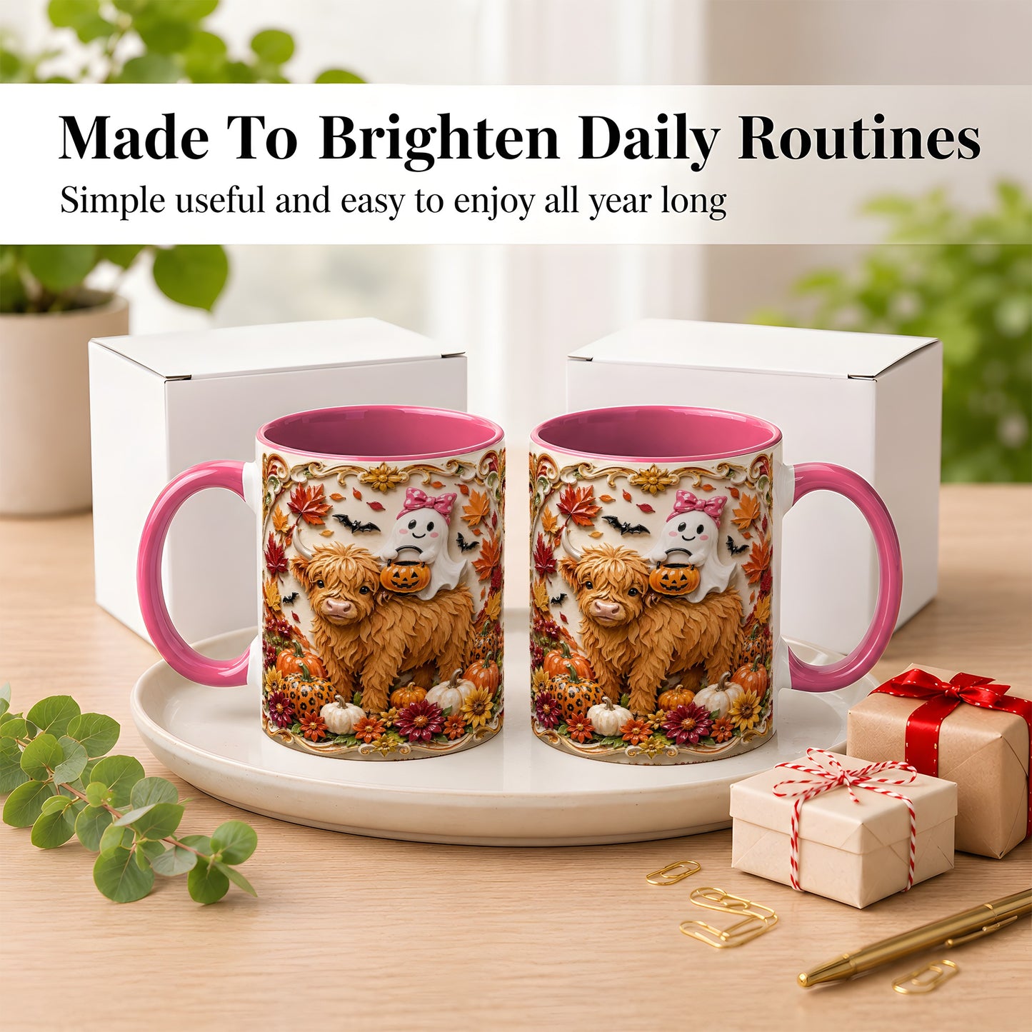 #pl[11oz|Pink] Highland Cow Ghost Coffee Mug, Autumn Pumpkin Mug, Ceramic Cup