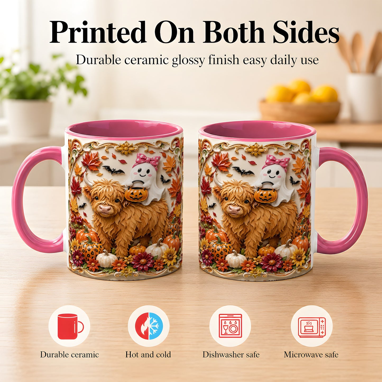 #pl[11oz|Pink] Highland Cow Ghost Coffee Mug, Autumn Pumpkin Mug, Ceramic Cup