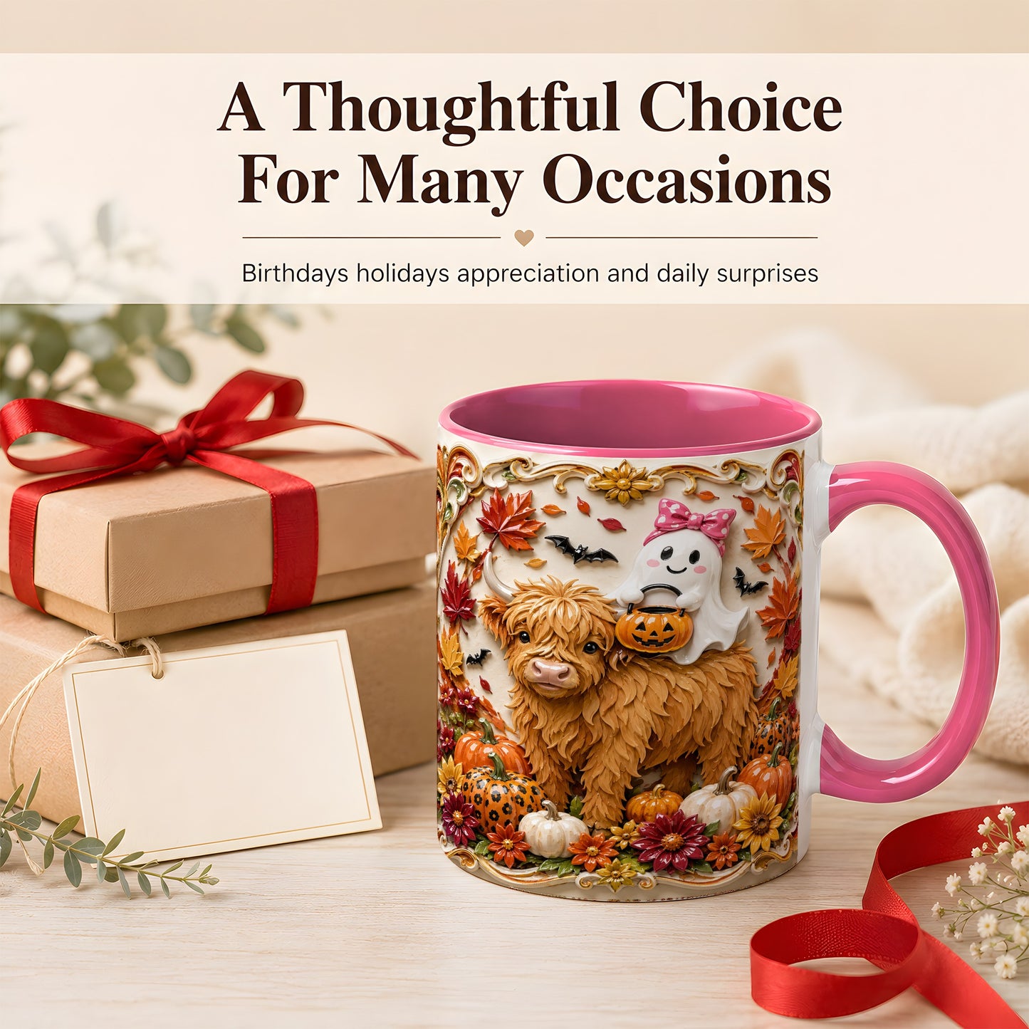 #pl[11oz|Pink] Highland Cow Ghost Coffee Mug, Autumn Pumpkin Mug, Ceramic Cup