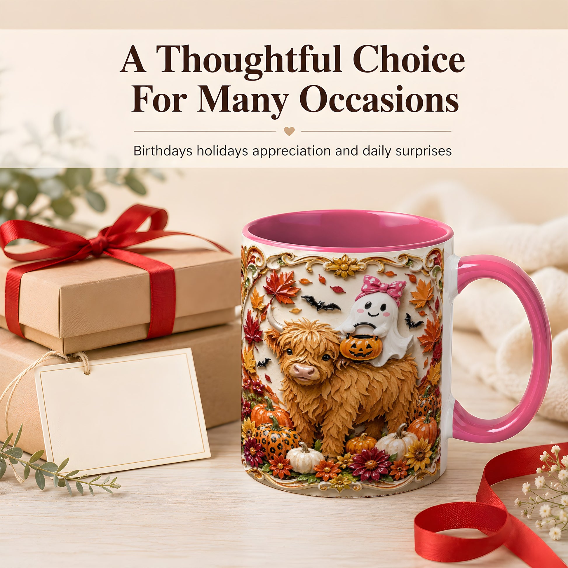 #pl[11oz|Pink] Highland Cow Ghost Coffee Mug, Autumn Pumpkin Mug, Ceramic Cup