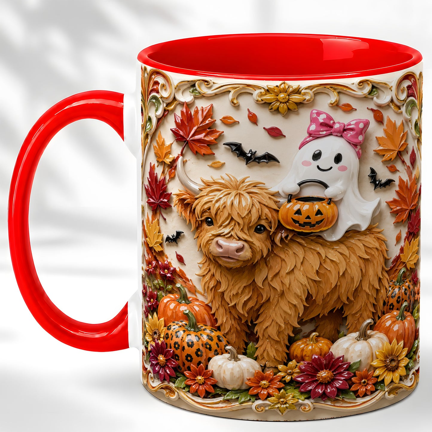 #pl[11oz|Red] Highland Cow Ghost Coffee Mug, Autumn Pumpkin Mug, Ceramic Cup