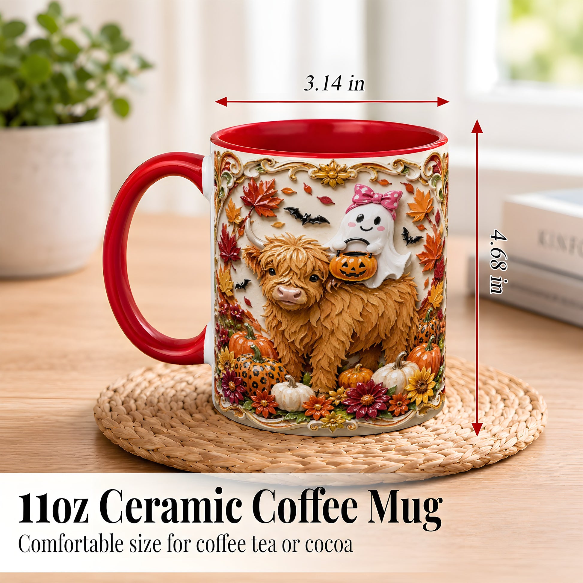 #pl[11oz|Red] Highland Cow Ghost Coffee Mug, Autumn Pumpkin Mug, Ceramic Cup