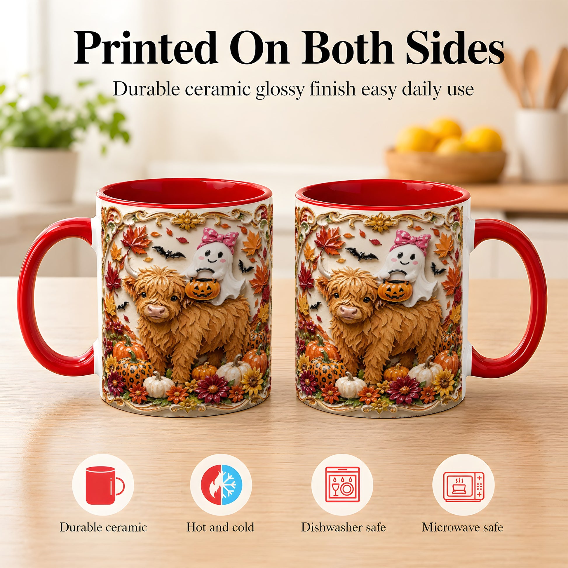 #pl[11oz|Red] Highland Cow Ghost Coffee Mug, Autumn Pumpkin Mug, Ceramic Cup