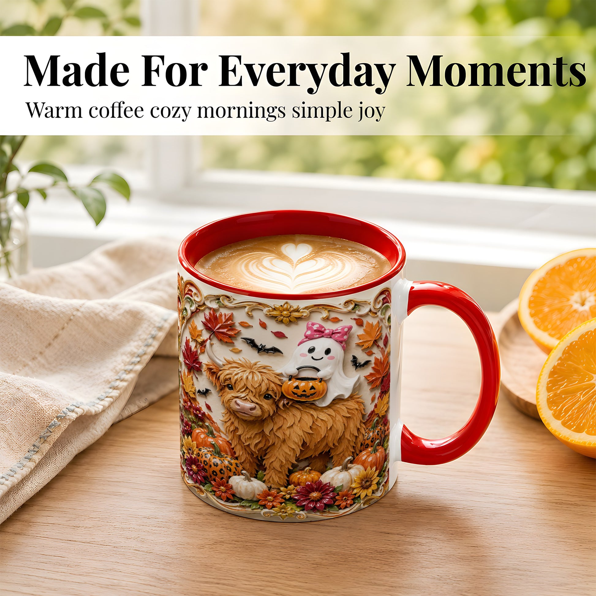 #pl[11oz|Red] Highland Cow Ghost Coffee Mug, Autumn Pumpkin Mug, Ceramic Cup