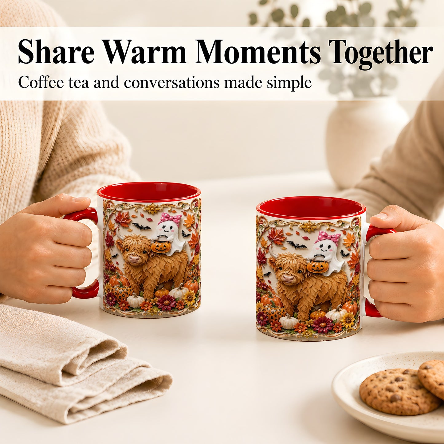 #pl[11oz|Red] Highland Cow Ghost Coffee Mug, Autumn Pumpkin Mug, Ceramic Cup