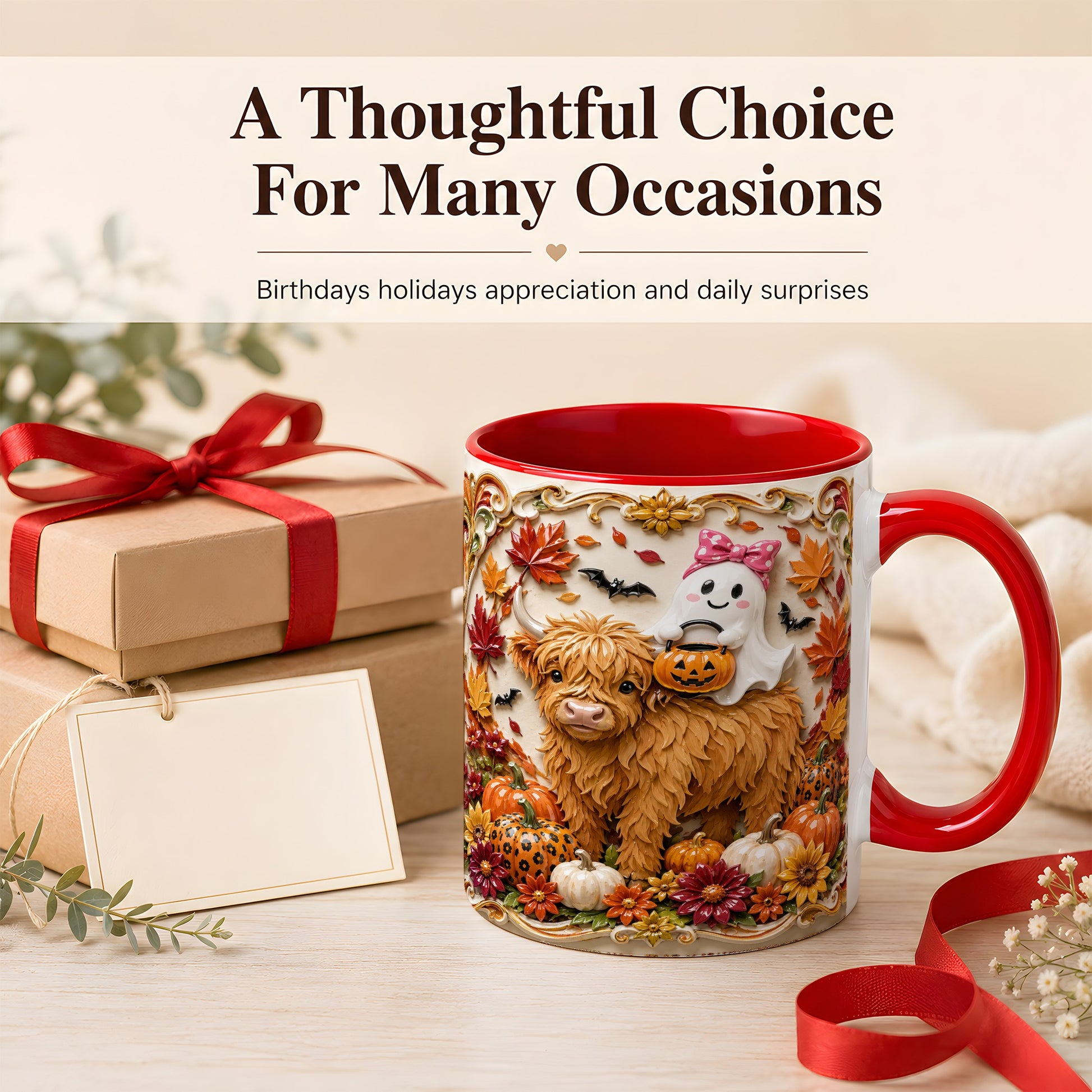 #pl[11oz|Red] Highland Cow Ghost Coffee Mug, Autumn Pumpkin Mug, Ceramic Cup