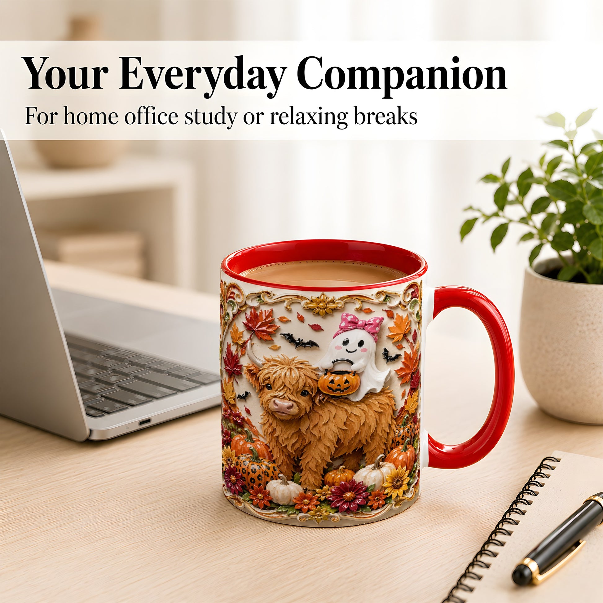 #pl[11oz|Red] Highland Cow Ghost Coffee Mug, Autumn Pumpkin Mug, Ceramic Cup