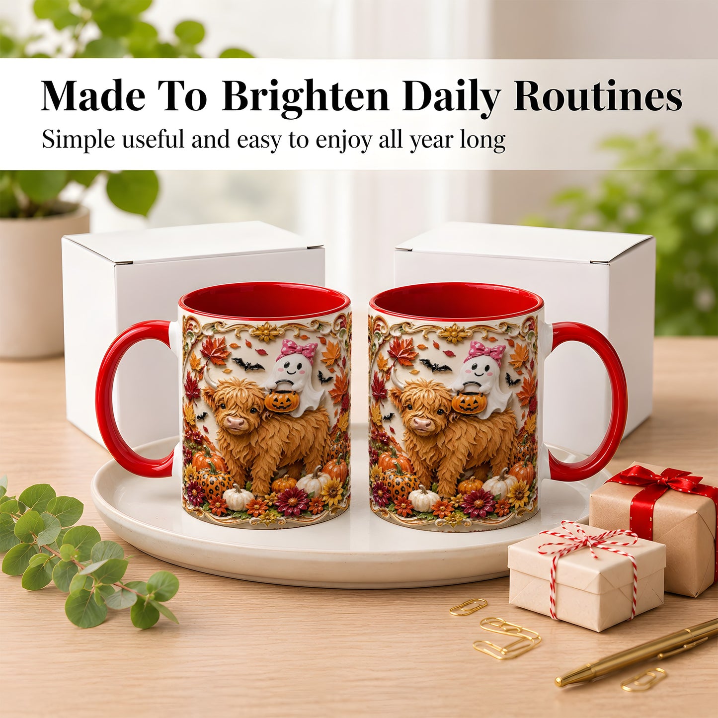 #pl[11oz|Red] Highland Cow Ghost Coffee Mug, Autumn Pumpkin Mug, Ceramic Cup