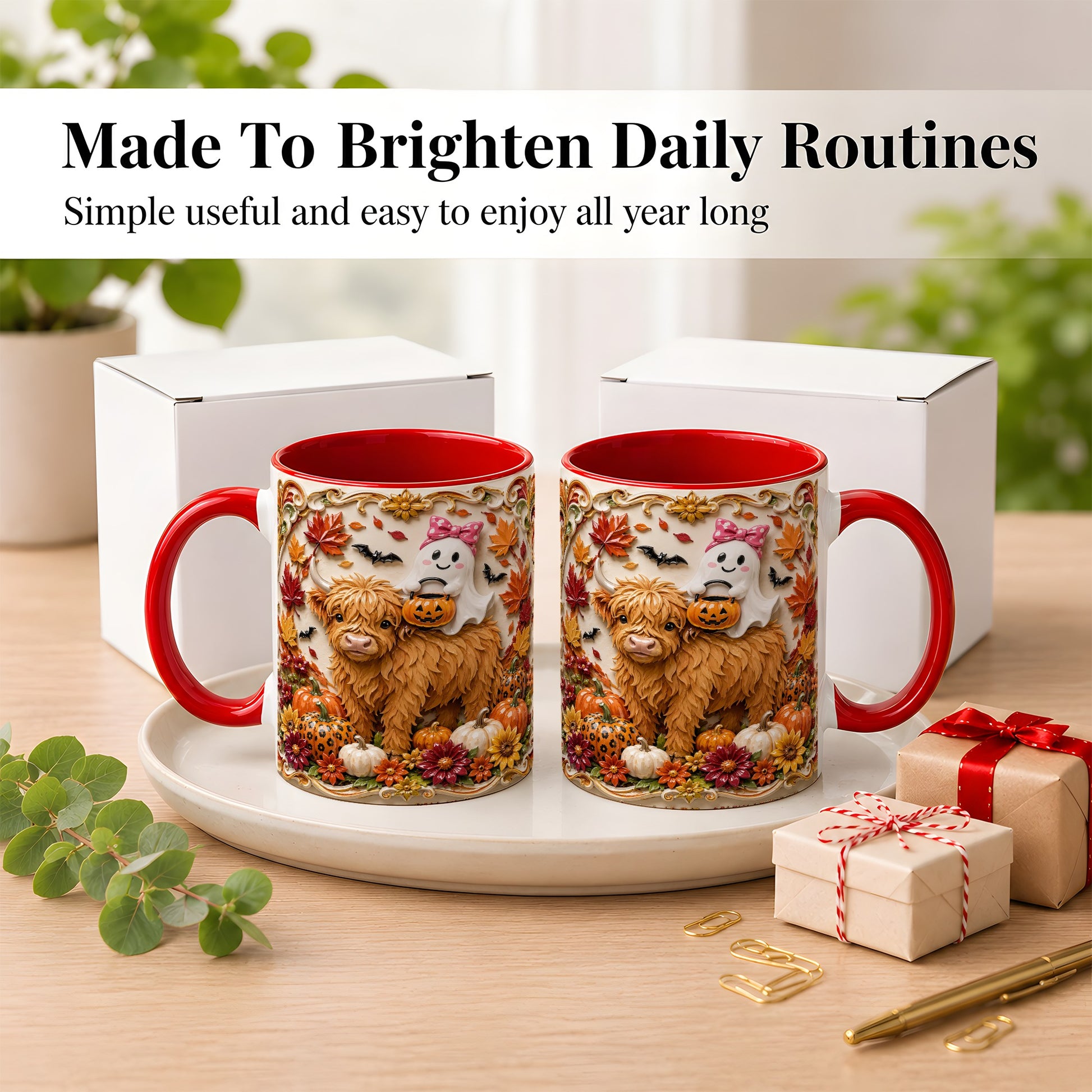 #pl[11oz|Red] Highland Cow Ghost Coffee Mug, Autumn Pumpkin Mug, Ceramic Cup