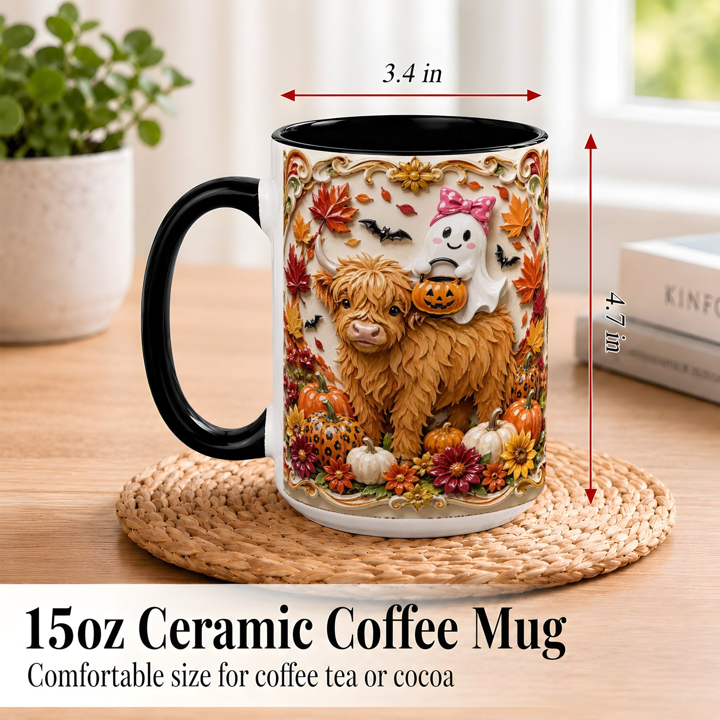 #pl[15oz|Black] Highland Cow Ghost Coffee Mug, Autumn Pumpkin Mug, Ceramic Cup