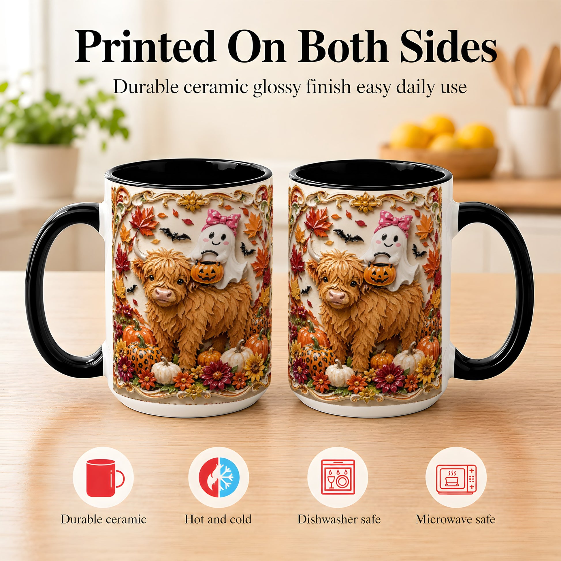 #pl[15oz|Black] Highland Cow Ghost Coffee Mug, Autumn Pumpkin Mug, Ceramic Cup