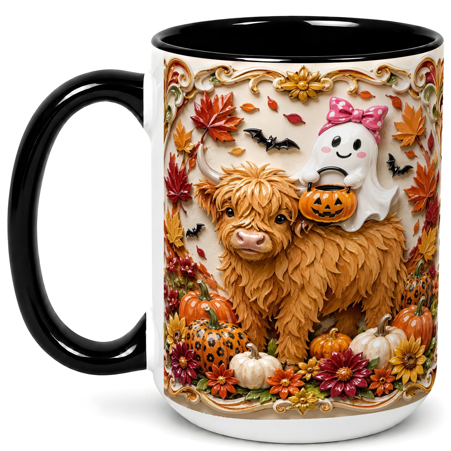 #pl[15oz|Black] Highland Cow Ghost Coffee Mug, Autumn Pumpkin Mug, Ceramic Cup