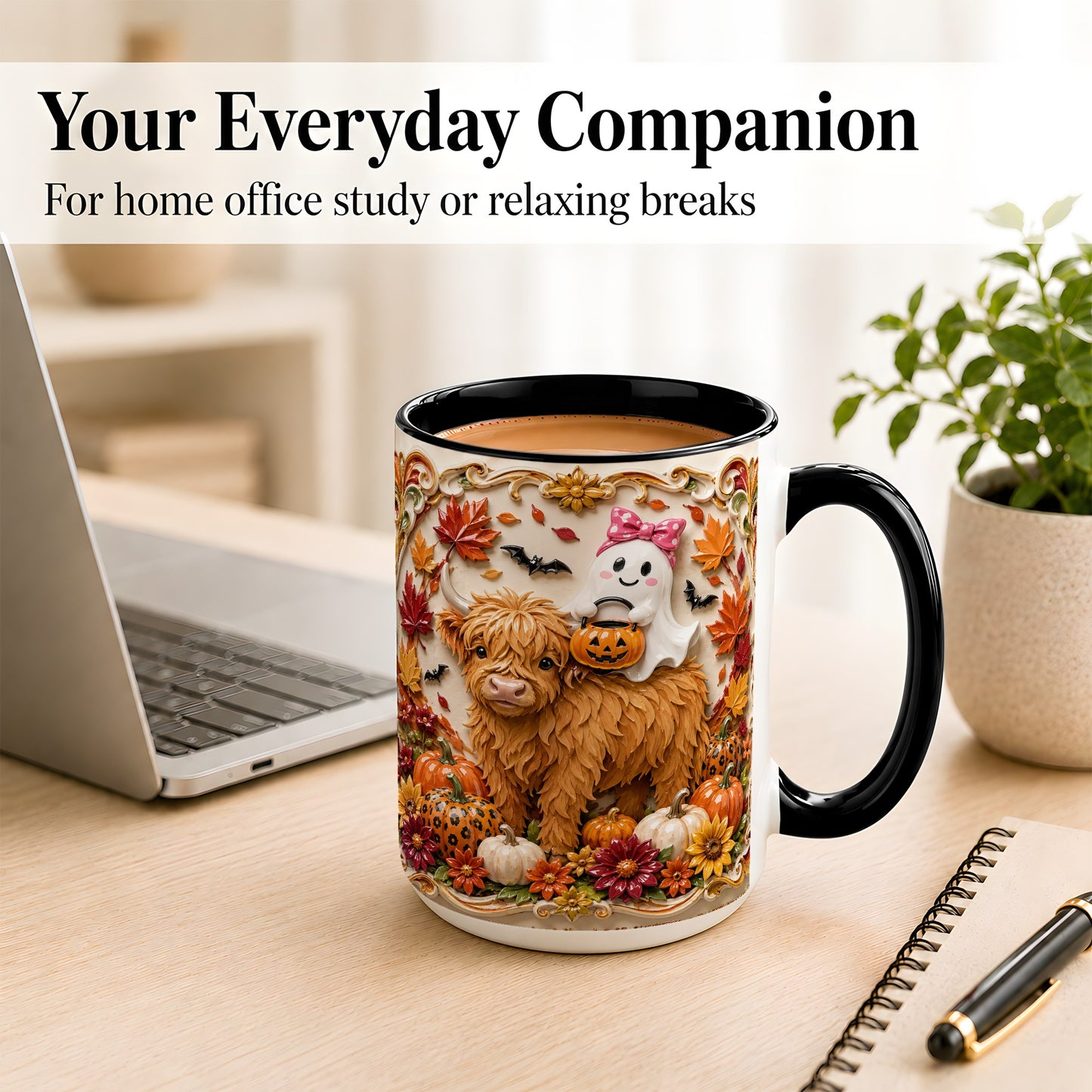 #pl[15oz|Black] Highland Cow Ghost Coffee Mug, Autumn Pumpkin Mug, Ceramic Cup