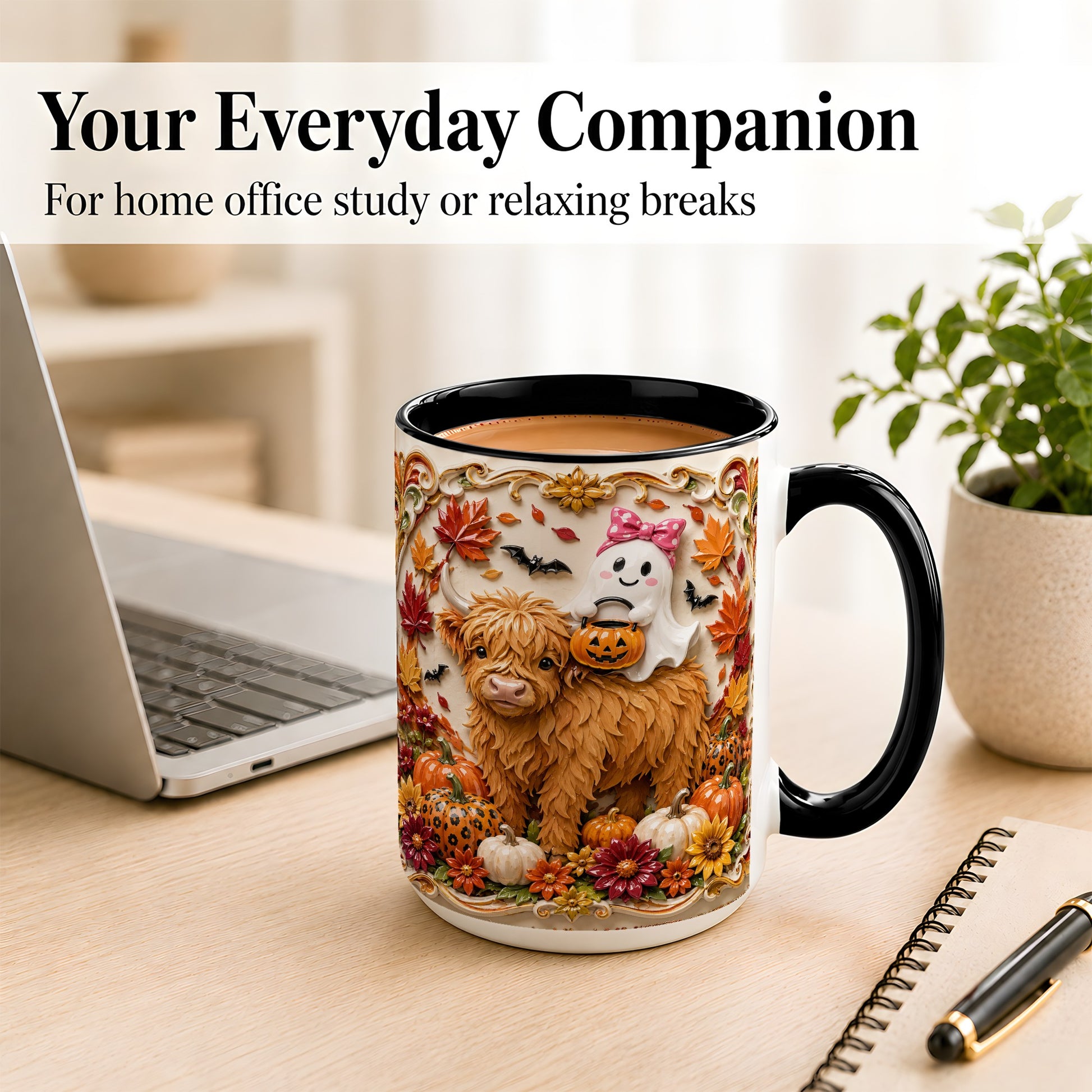 #pl[15oz|Black] Highland Cow Ghost Coffee Mug, Autumn Pumpkin Mug, Ceramic Cup