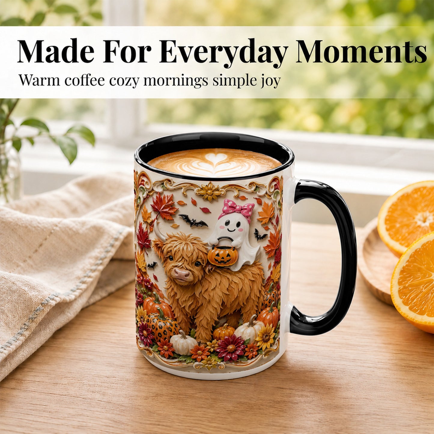 #pl[15oz|Black] Highland Cow Ghost Coffee Mug, Autumn Pumpkin Mug, Ceramic Cup