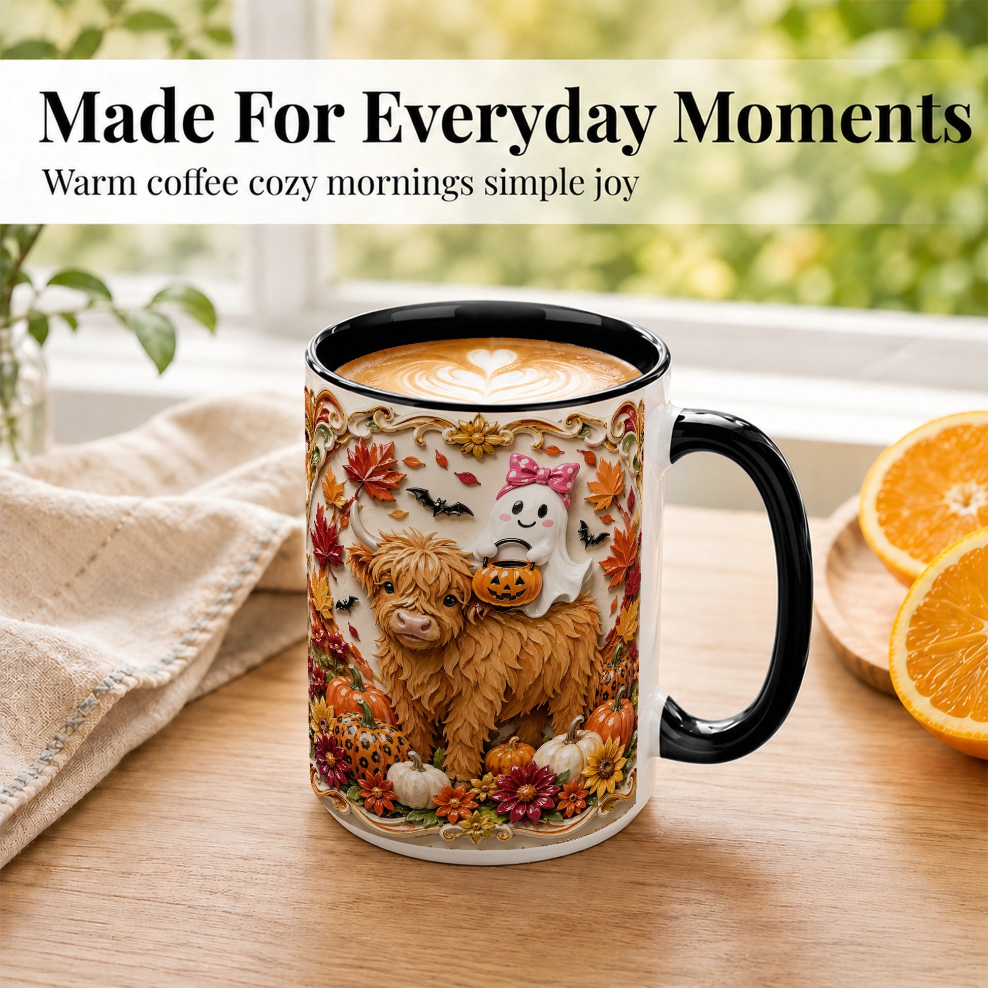 #pl[15oz|Black] Highland Cow Ghost Coffee Mug, Autumn Pumpkin Mug, Ceramic Cup