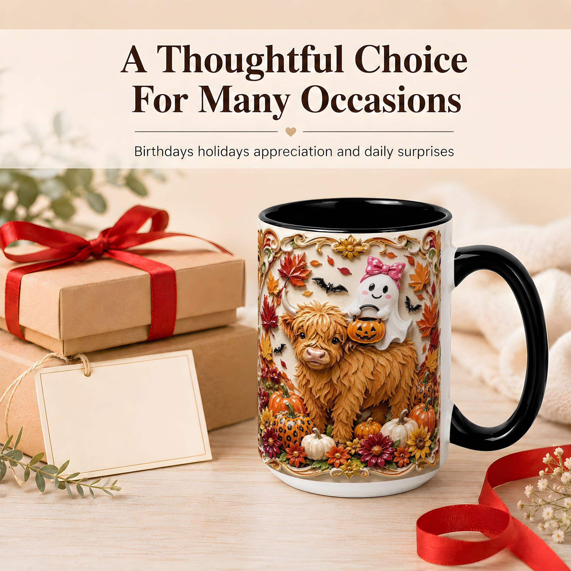 #pl[15oz|Black] Highland Cow Ghost Coffee Mug, Autumn Pumpkin Mug, Ceramic Cup