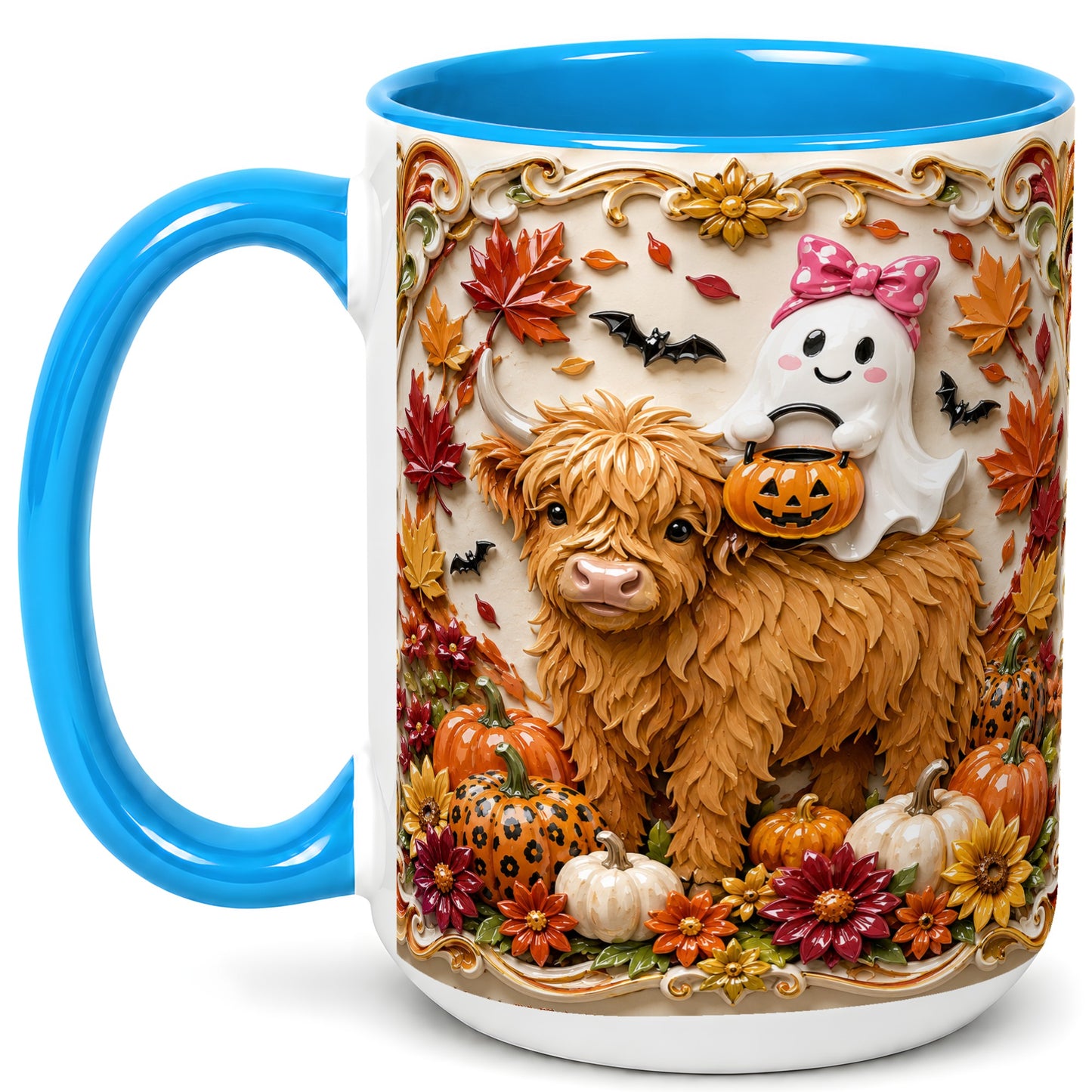 #pl[15oz|Blue] Highland Cow Ghost Coffee Mug, Autumn Pumpkin Mug, Ceramic Cup