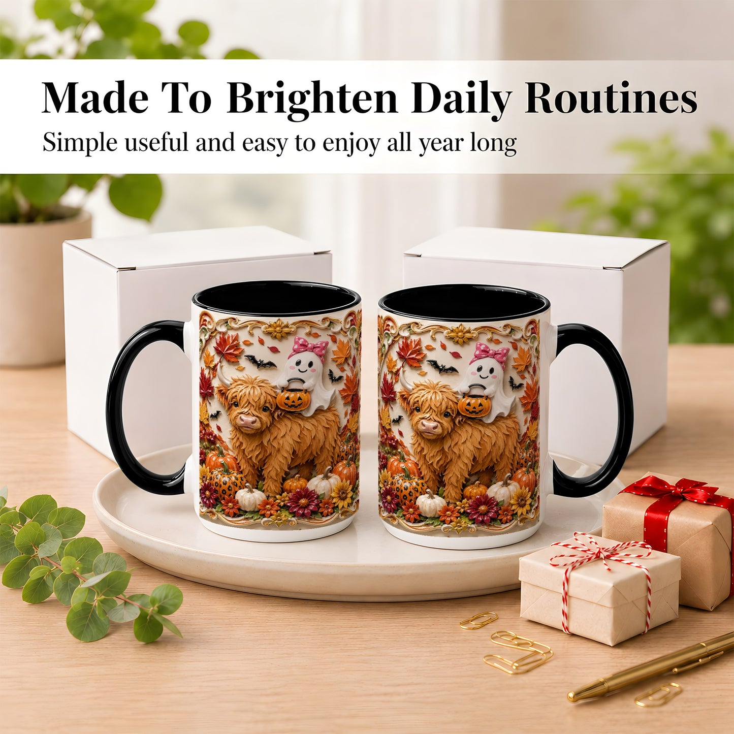 #pl[15oz|Black] Highland Cow Ghost Coffee Mug, Autumn Pumpkin Mug, Ceramic Cup