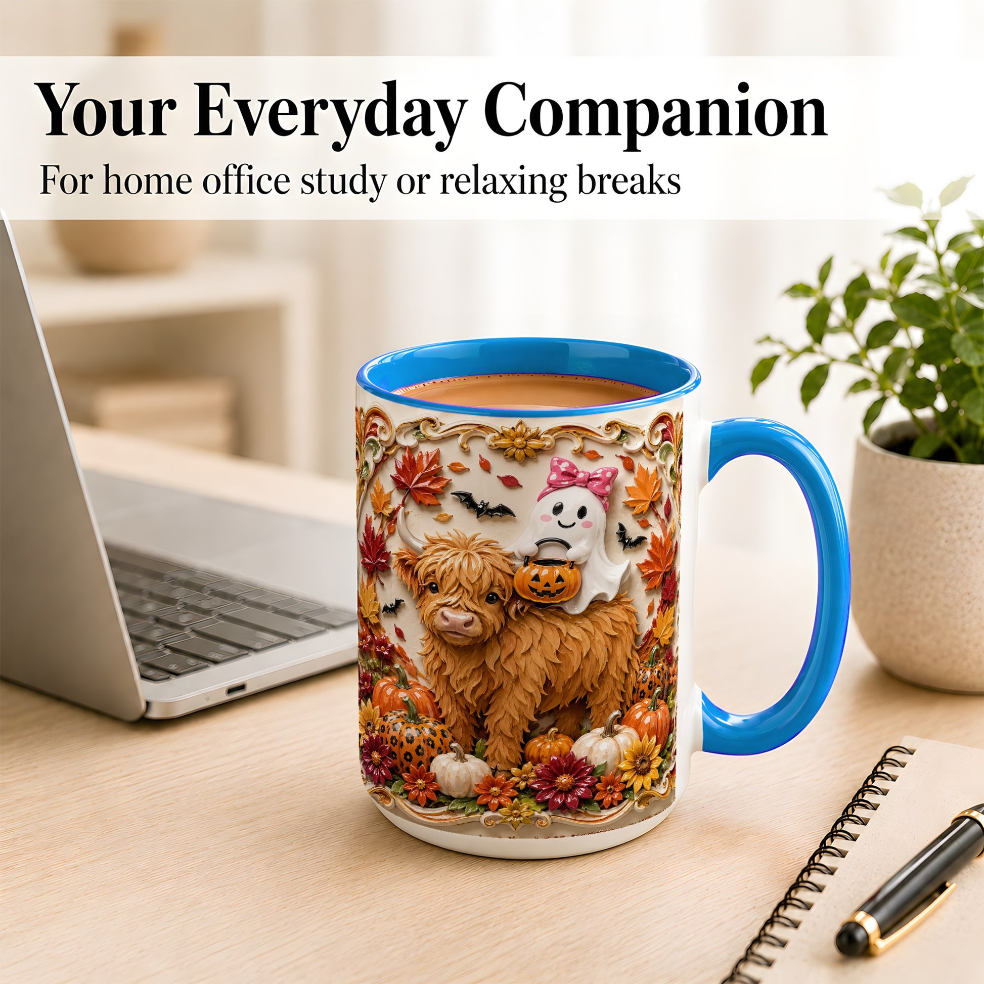 #pl[15oz|Blue] Highland Cow Ghost Coffee Mug, Autumn Pumpkin Mug, Ceramic Cup
